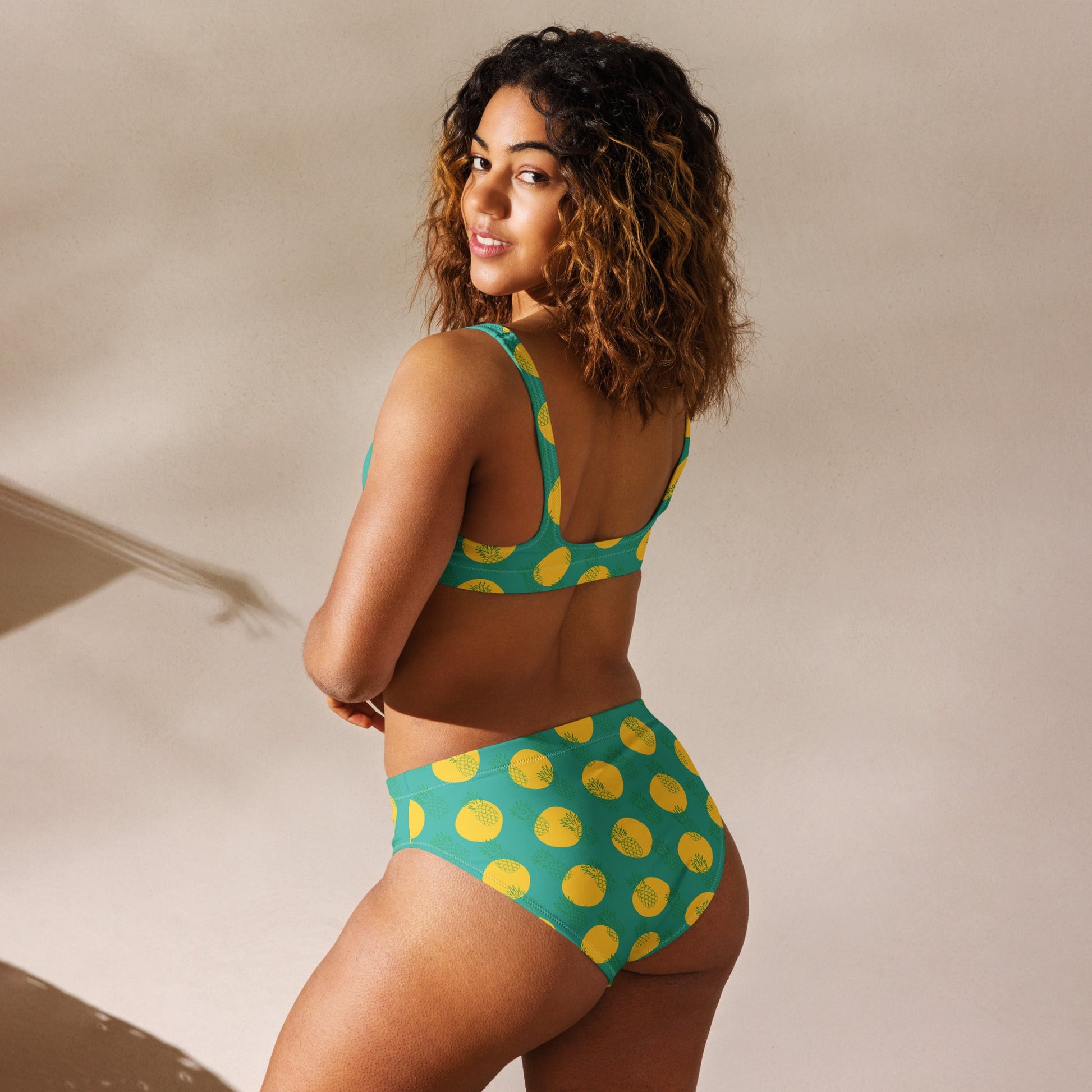 Women's high - waisted bikini, Niagara Yellow Color, Pineapple Pattern Two Piece Swimsuits Tummy control bathing Suit - PratSN