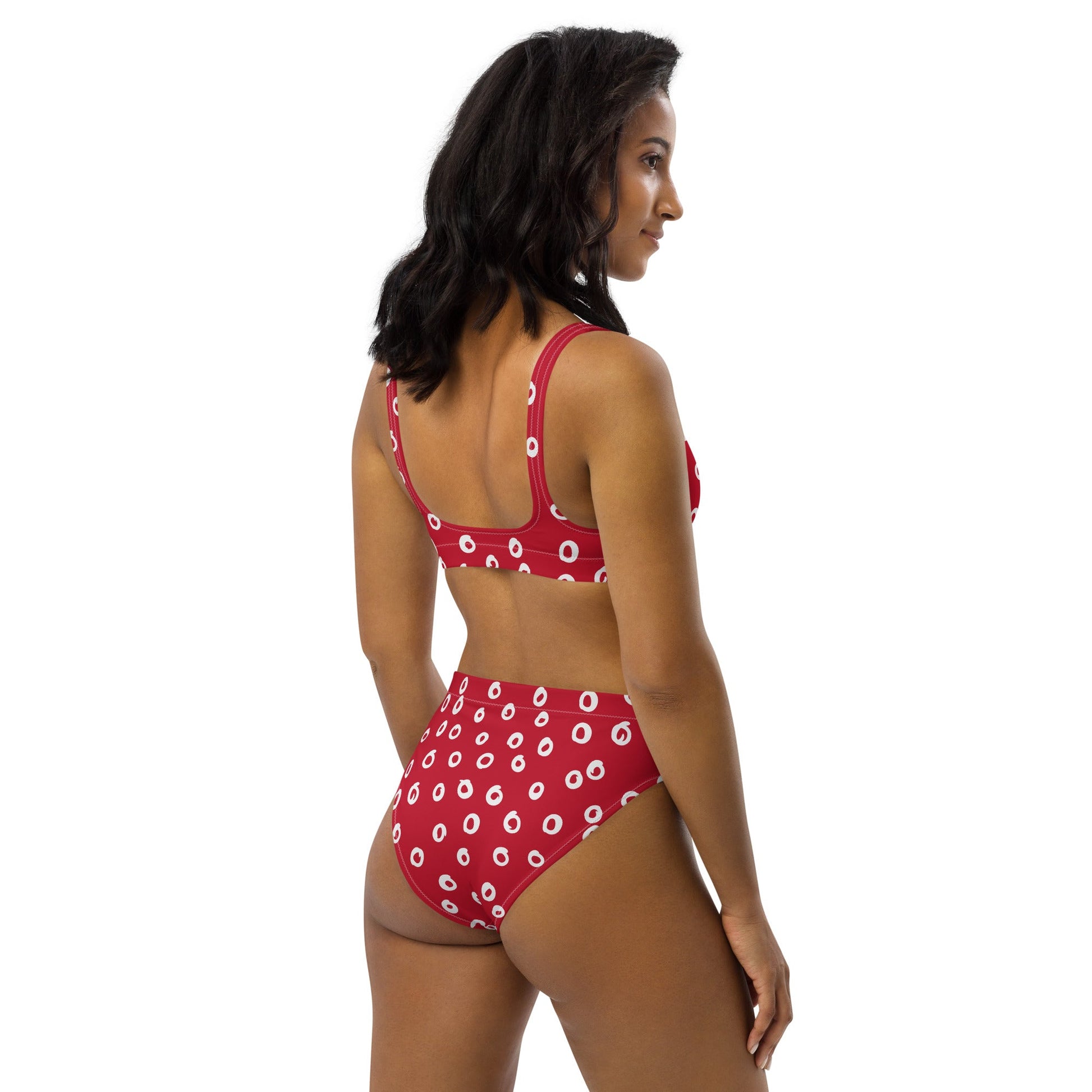 Women's high - waisted bikini, Open Dots, Festive Pattern, Red Two Piece Swimsuits Tummy control bathing Suit - PratSN