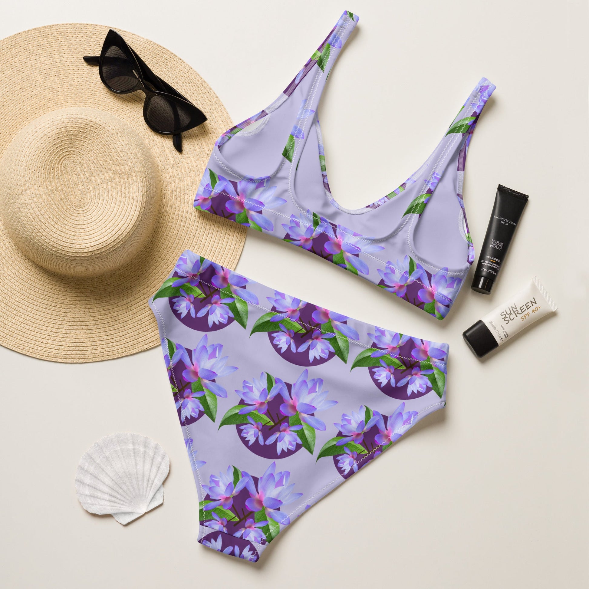 Women's high - waisted bikini, Purple and Melrose Floral Two Piece Swimsuits, Tummy control bathing Suit - PratSN