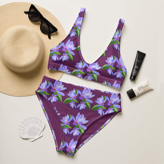 Women's high - waisted bikini, Purple Flower Bathing suit, Palatinate purple Two Piece Swimsuits Tummy control Swimwear - PratSN
