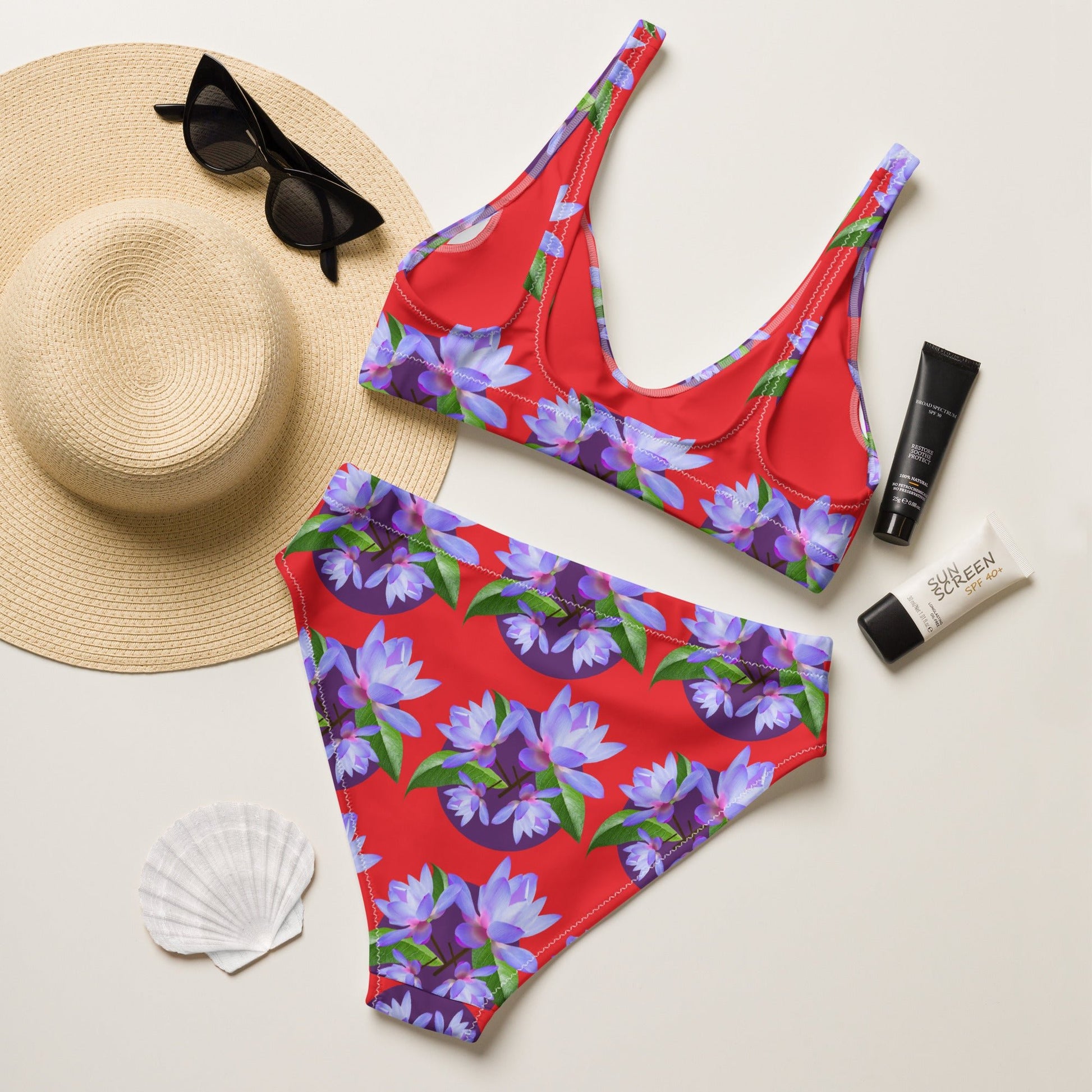 Women's high - waisted bikini, Red Purple Floral Two Piece Swimsuits, Tummy control bathing Suit - PratSN