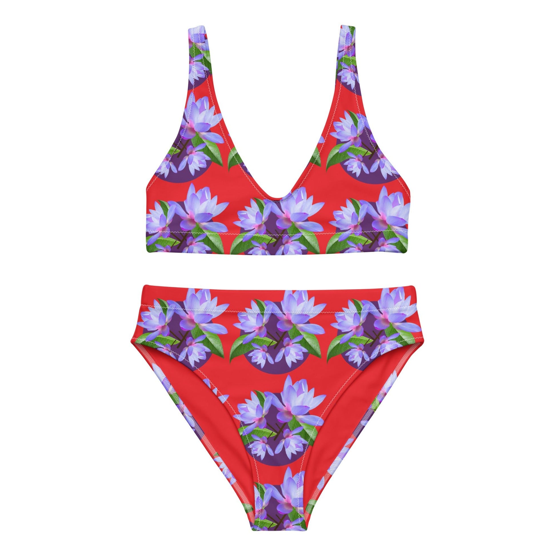 Women's high - waisted bikini, Red Purple Floral Two Piece Swimsuits, Tummy control bathing Suit - PratSN