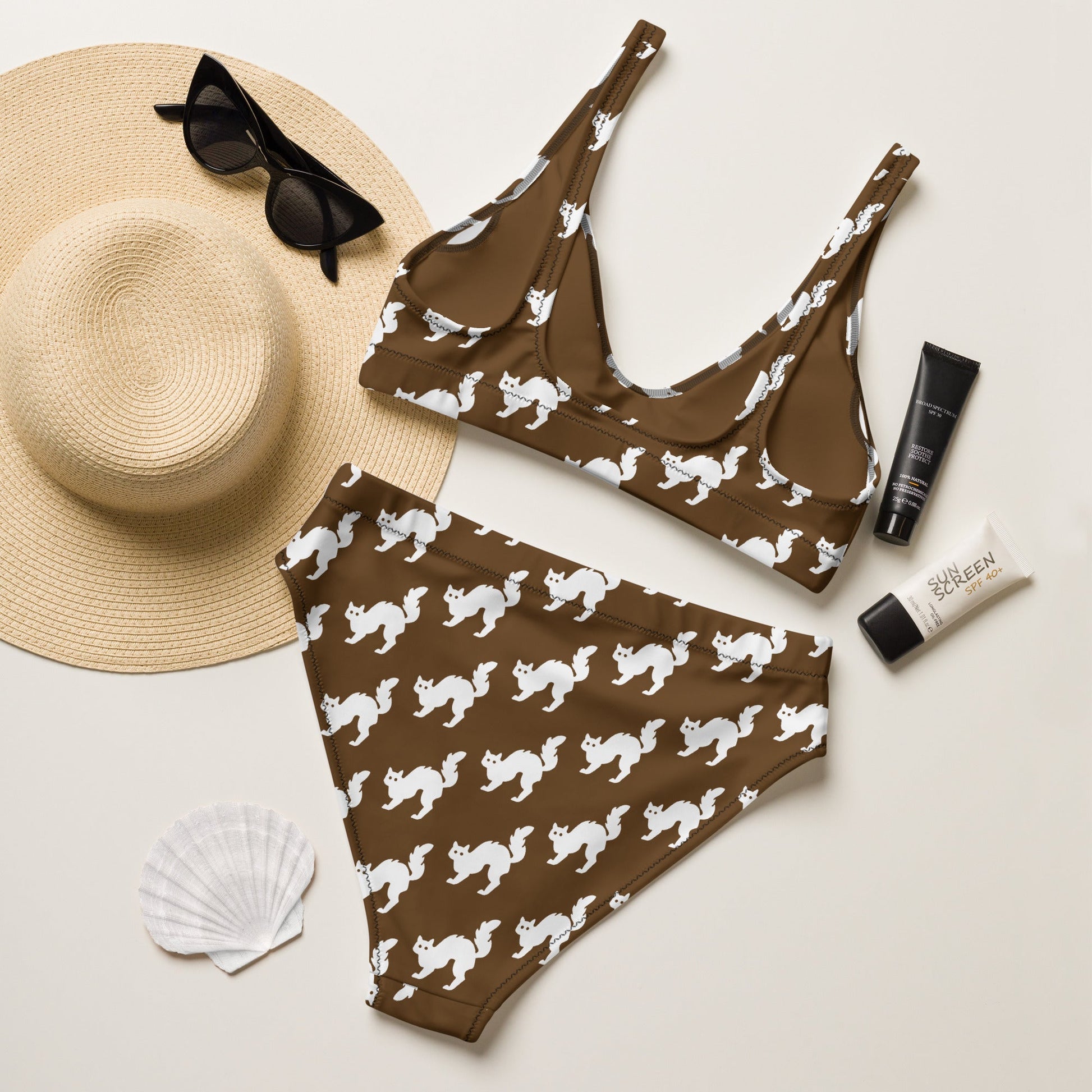 Women's high - waisted bikini Set White Cat Pattern Brown Two Piece Swimsuit Bathing Suit tummy control Bathing Suit - PratSN