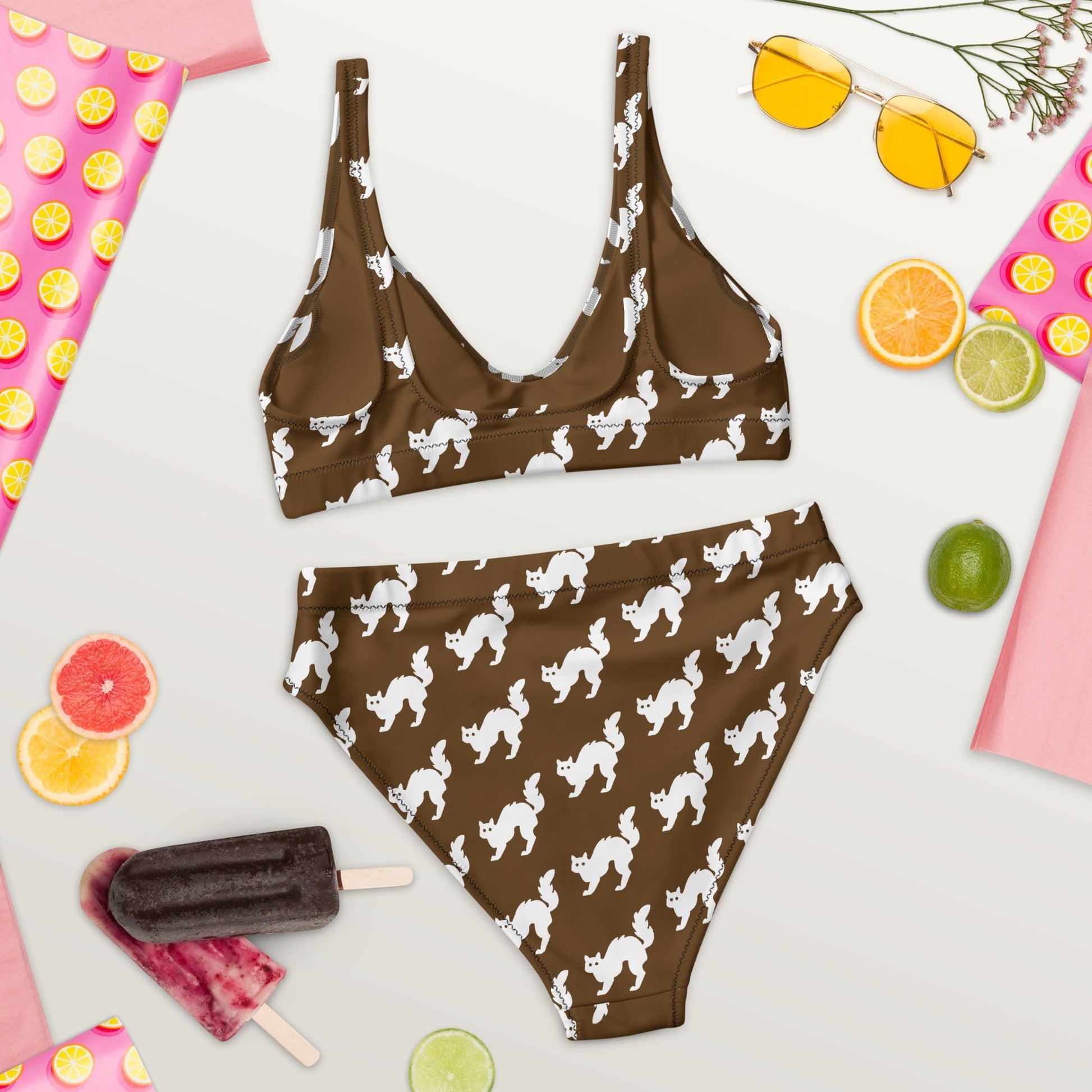 Women's high - waisted bikini Set White Cat Pattern Brown Two Piece Swimsuit Bathing Suit tummy control Bathing Suit - PratSN