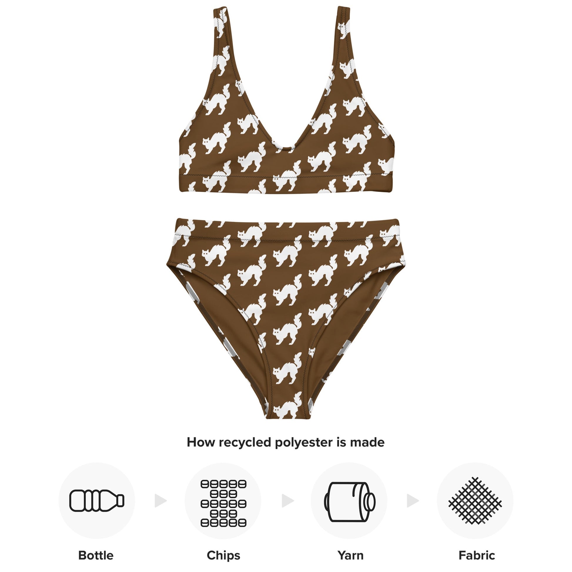 Women's high - waisted bikini Set White Cat Pattern Brown Two Piece Swimsuit Bathing Suit tummy control Bathing Suit - PratSN