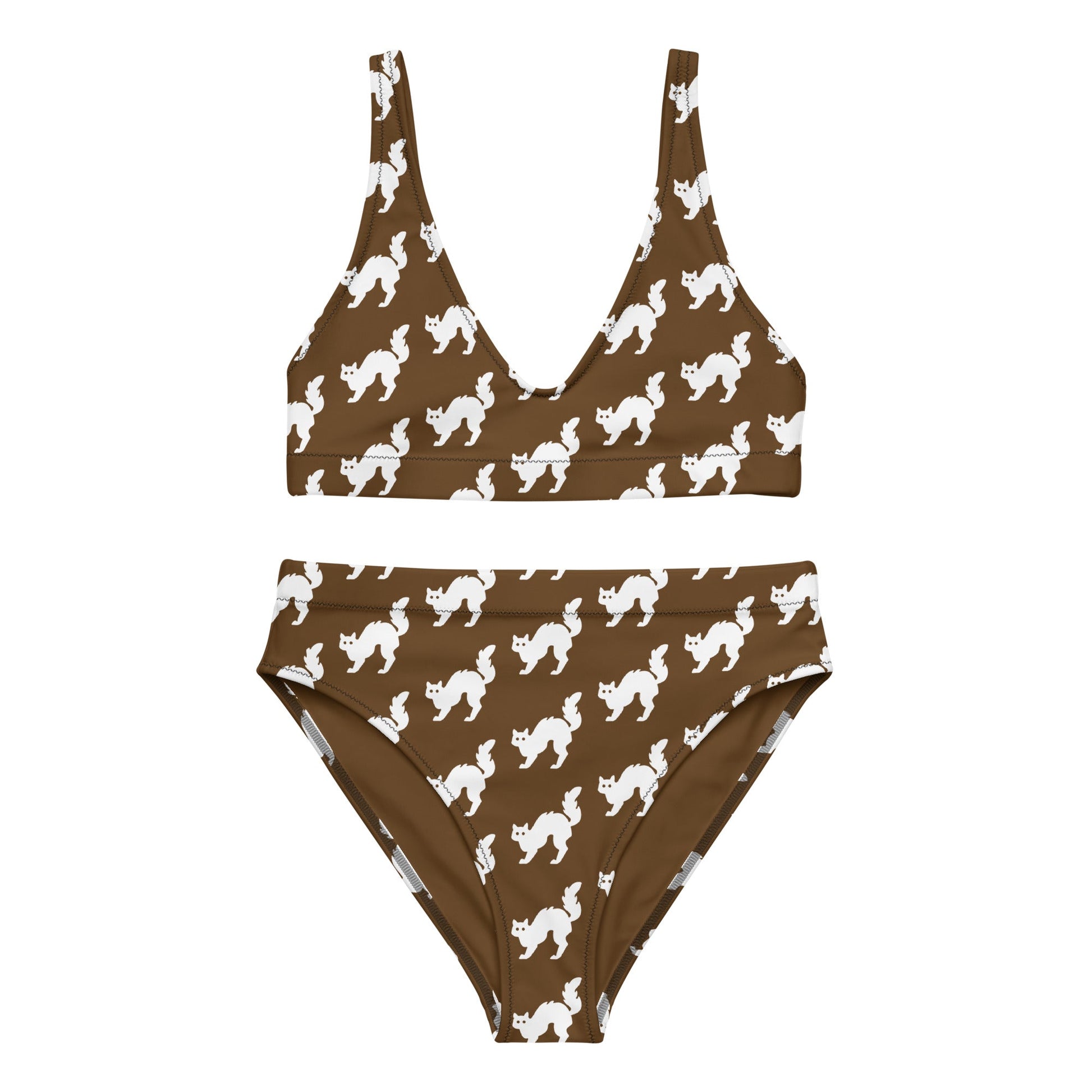 Women's high - waisted bikini Set White Cat Pattern Brown Two Piece Swimsuit Bathing Suit tummy control Bathing Suit - PratSN