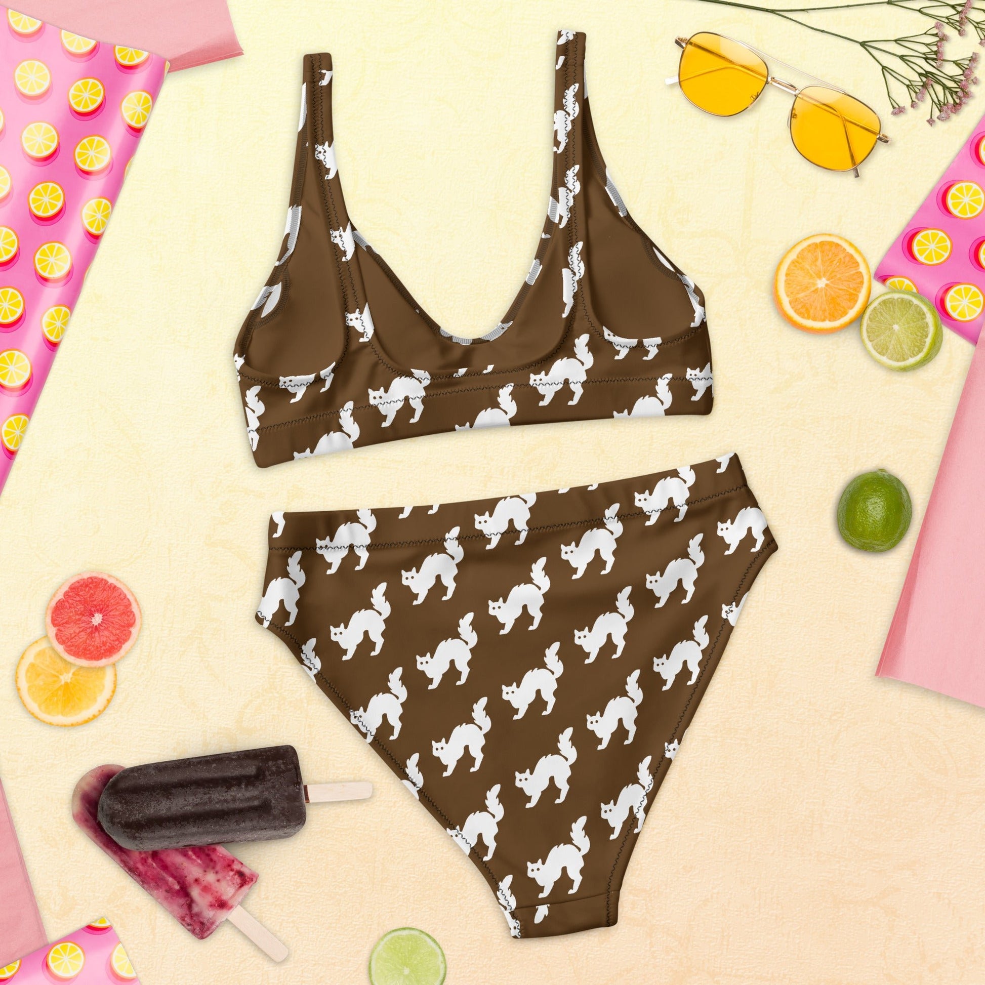 Women's high - waisted bikini Set White Cat Pattern Brown Two Piece Swimsuit Bathing Suit tummy control Bathing Suit - PratSN
