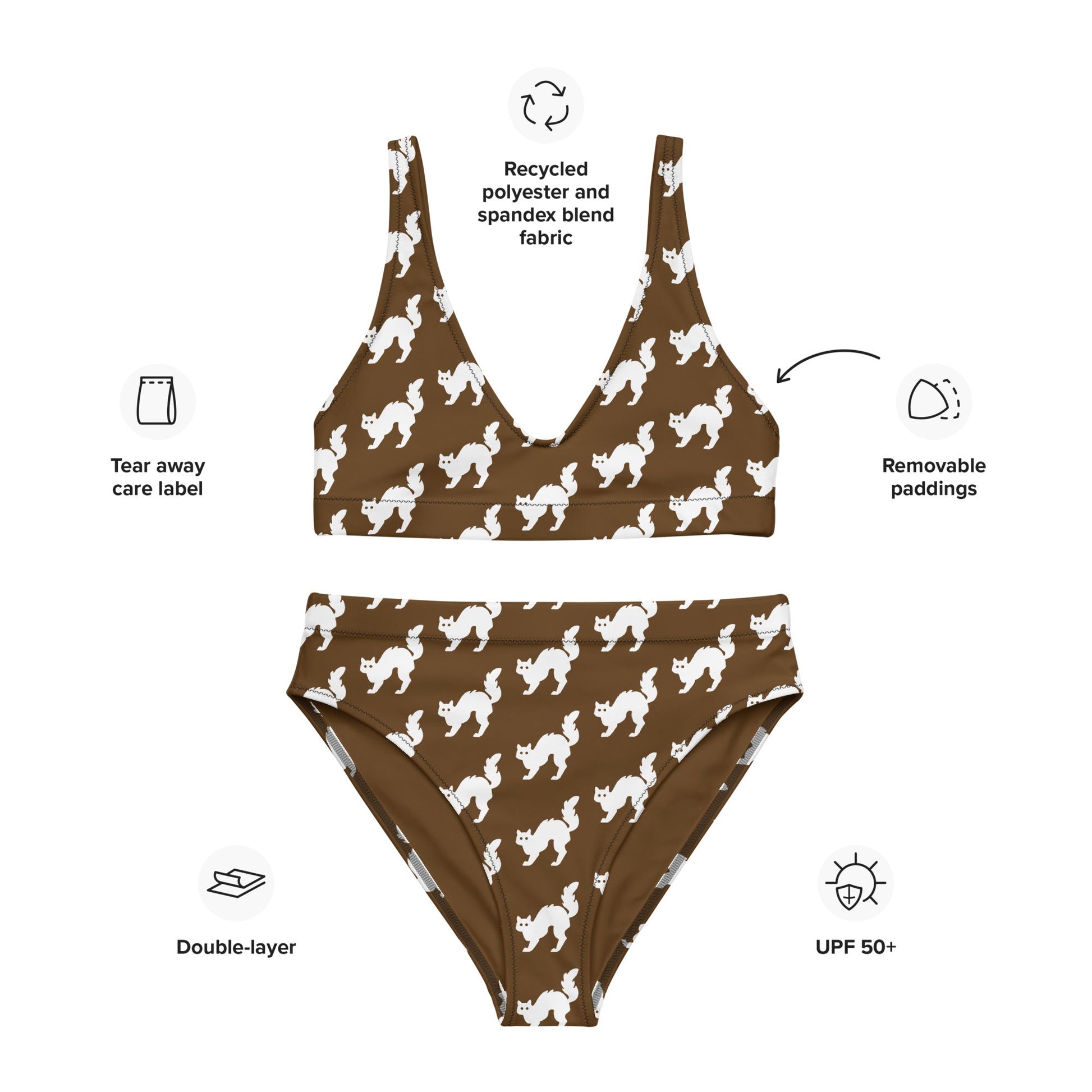 Women's high - waisted bikini Set White Cat Pattern Brown Two Piece Swimsuit Bathing Suit tummy control Bathing Suit - PratSN