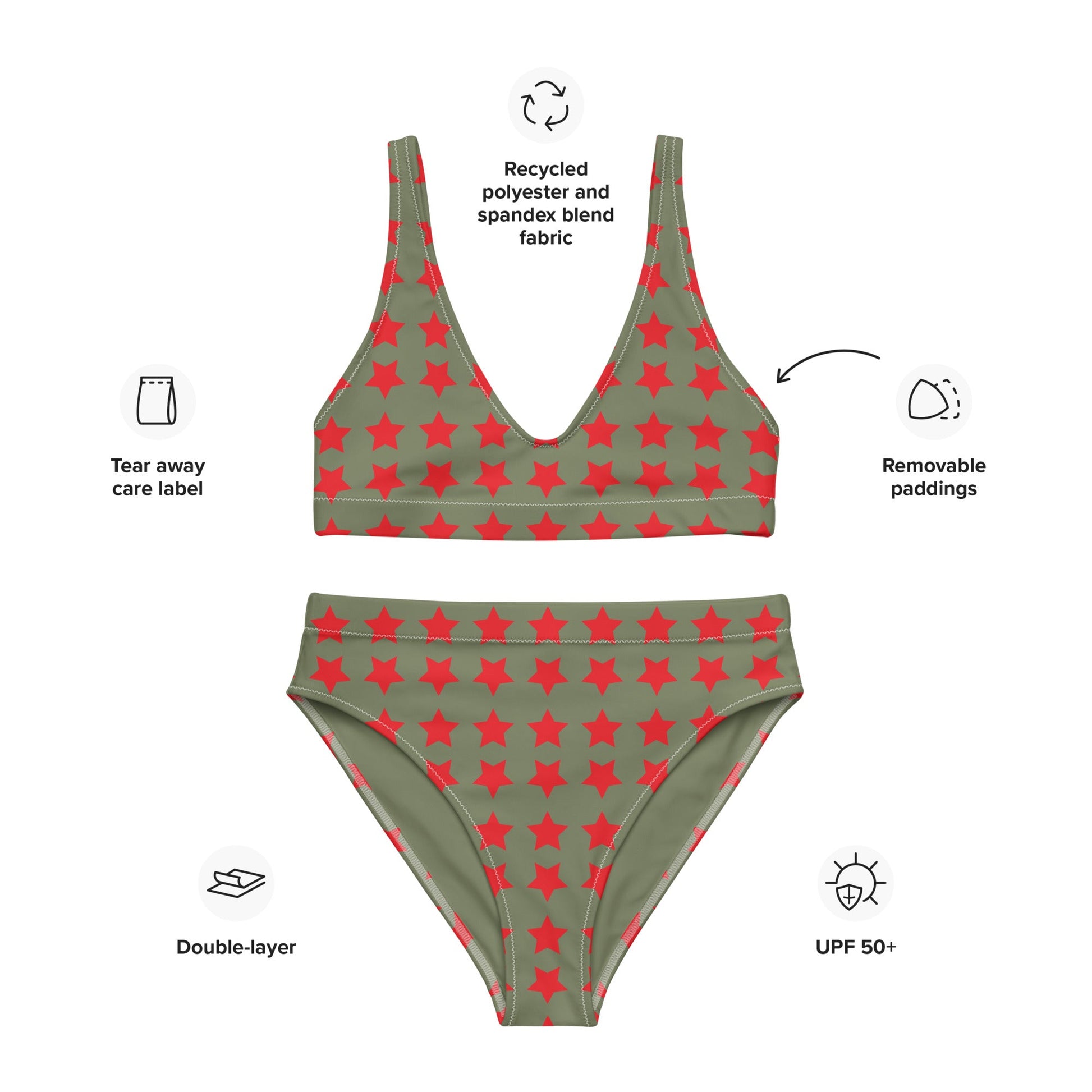 Women's high - waisted bikini Star Pattern Alizarin Red Two Piece Swimsuits Tummy control bathing Suit - PratSN