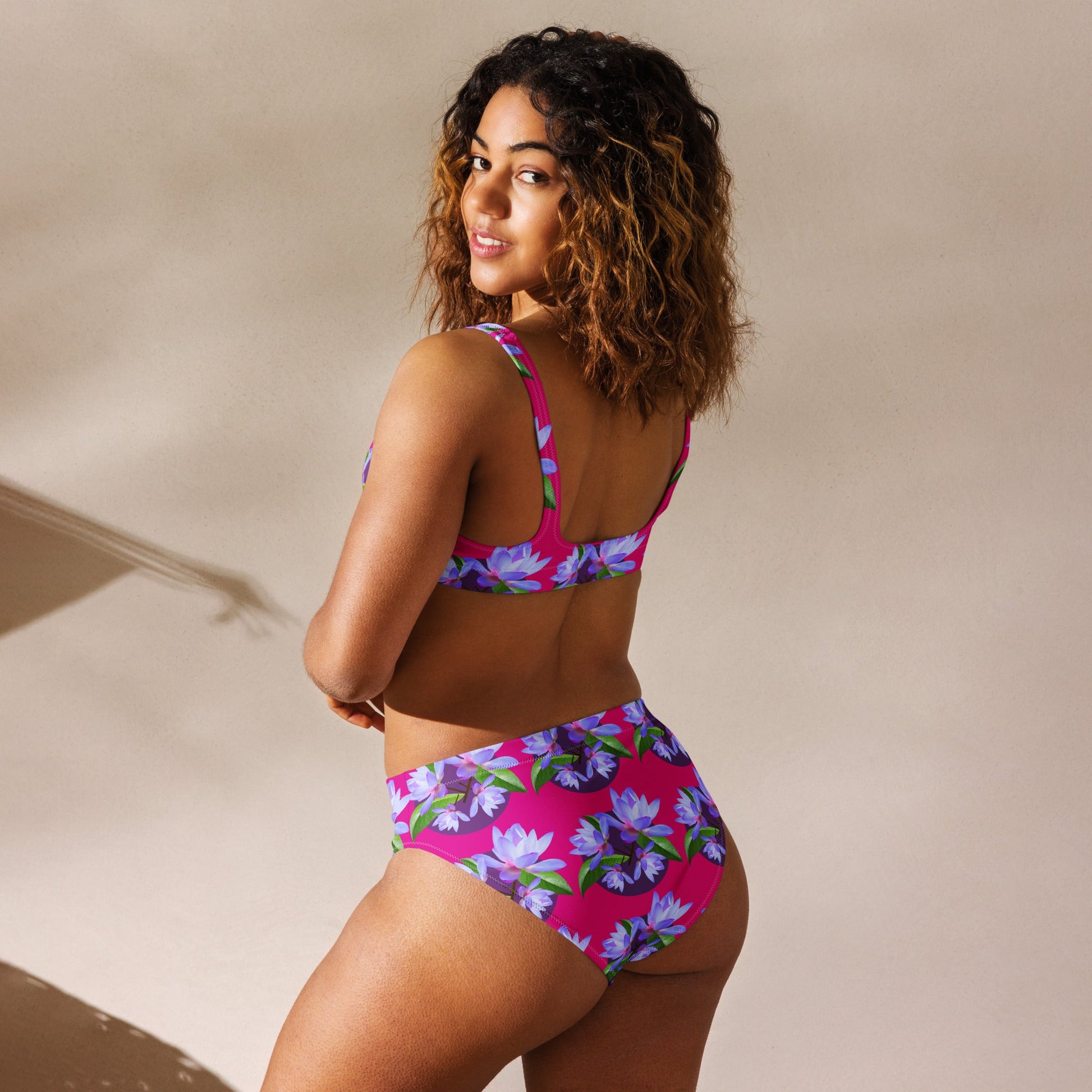 Women's high - waisted bikini, Violet Red and Purple Floral Two Piece Swimsuits, Tummy control bathing Suit - PratSN