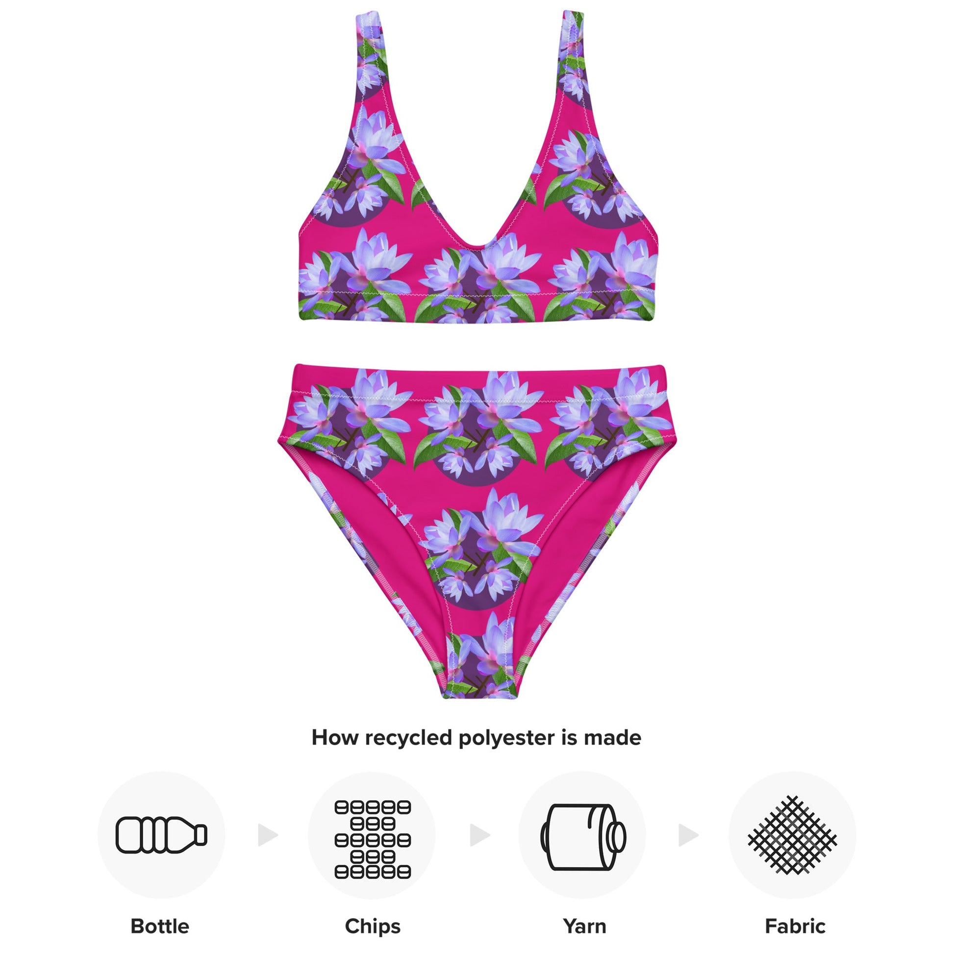 Women's high - waisted bikini, Violet Red and Purple Floral Two Piece Swimsuits, Tummy control bathing Suit - PratSN