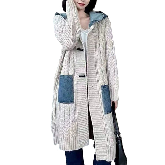 women's Hooded Denim Stitching Sweater Mid - length Knitted Cardigan Jacket - PratSN