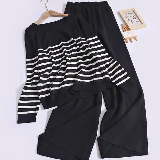 Women's Knitted Two - piece Loose Temperament Slimming Round Neck Long Sleeve Striped Top High Waist Wide Leg Trousers - PratSN