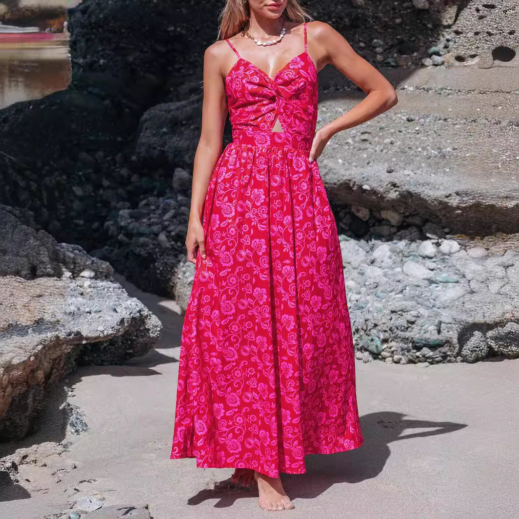 Women's Knotted V - neck Long Dress - PratSN