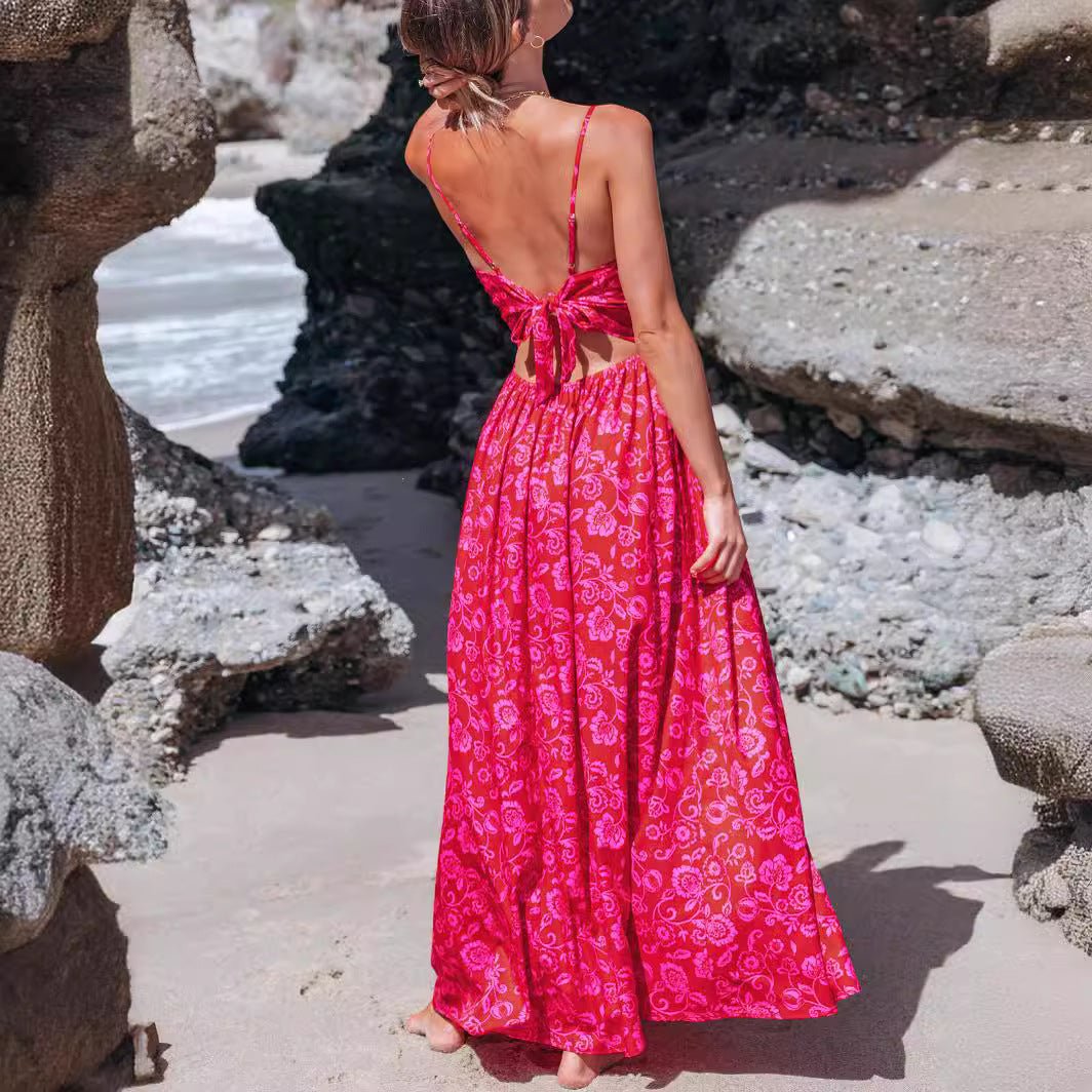 Women's Knotted V - neck Long Dress - PratSN