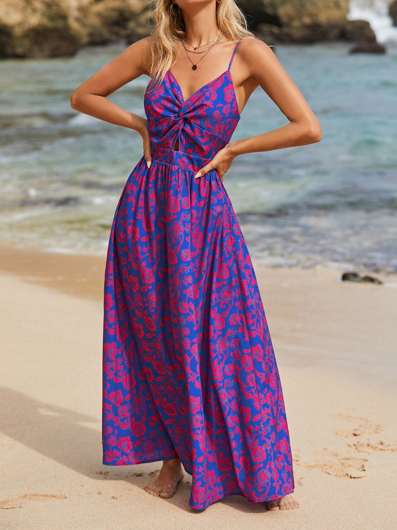 Women's Knotted V - neck Long Dress - PratSN