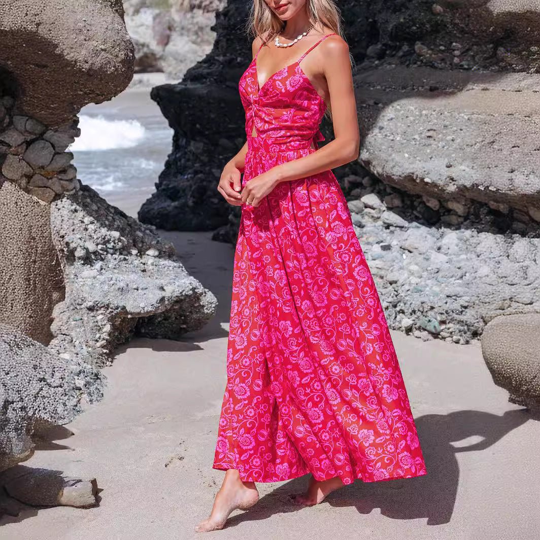 Women's Knotted V - neck Long Dress - PratSN