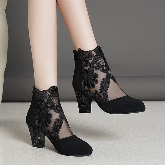 Women's Lace Mesh Chunky Heel Sandals - PratSN