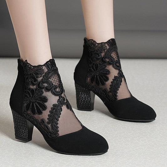 Women's Lace Mesh Chunky Heel Sandals - PratSN