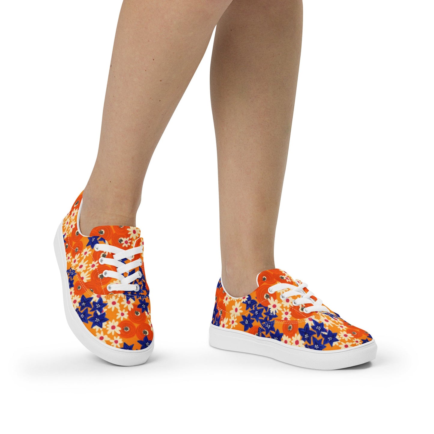 Women’s lace - up canvas shoes, Blue and Orange Floral Shoes, Floral Pattern Shoes, Cute Summer and Springtime Shoes - PratSN
