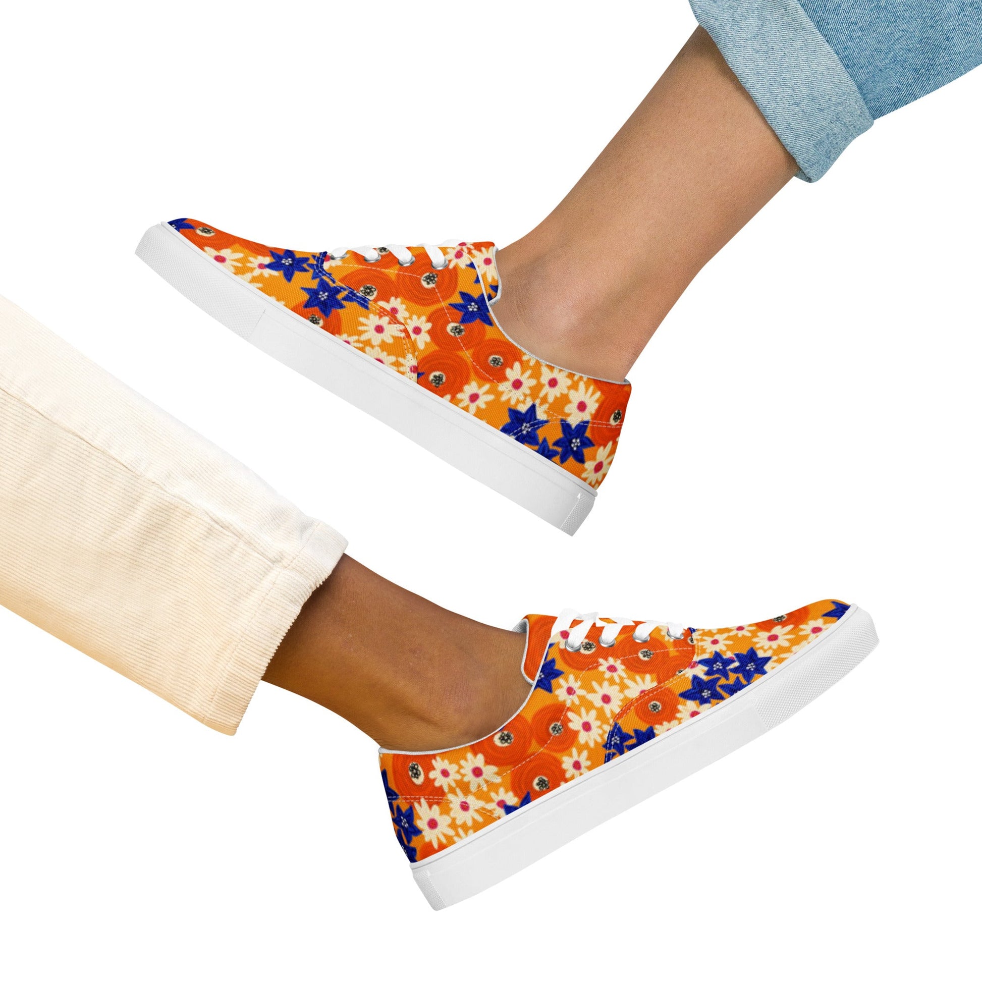 Women’s lace - up canvas shoes, Blue and Orange Floral Shoes, Floral Pattern Shoes, Cute Summer and Springtime Shoes - PratSN