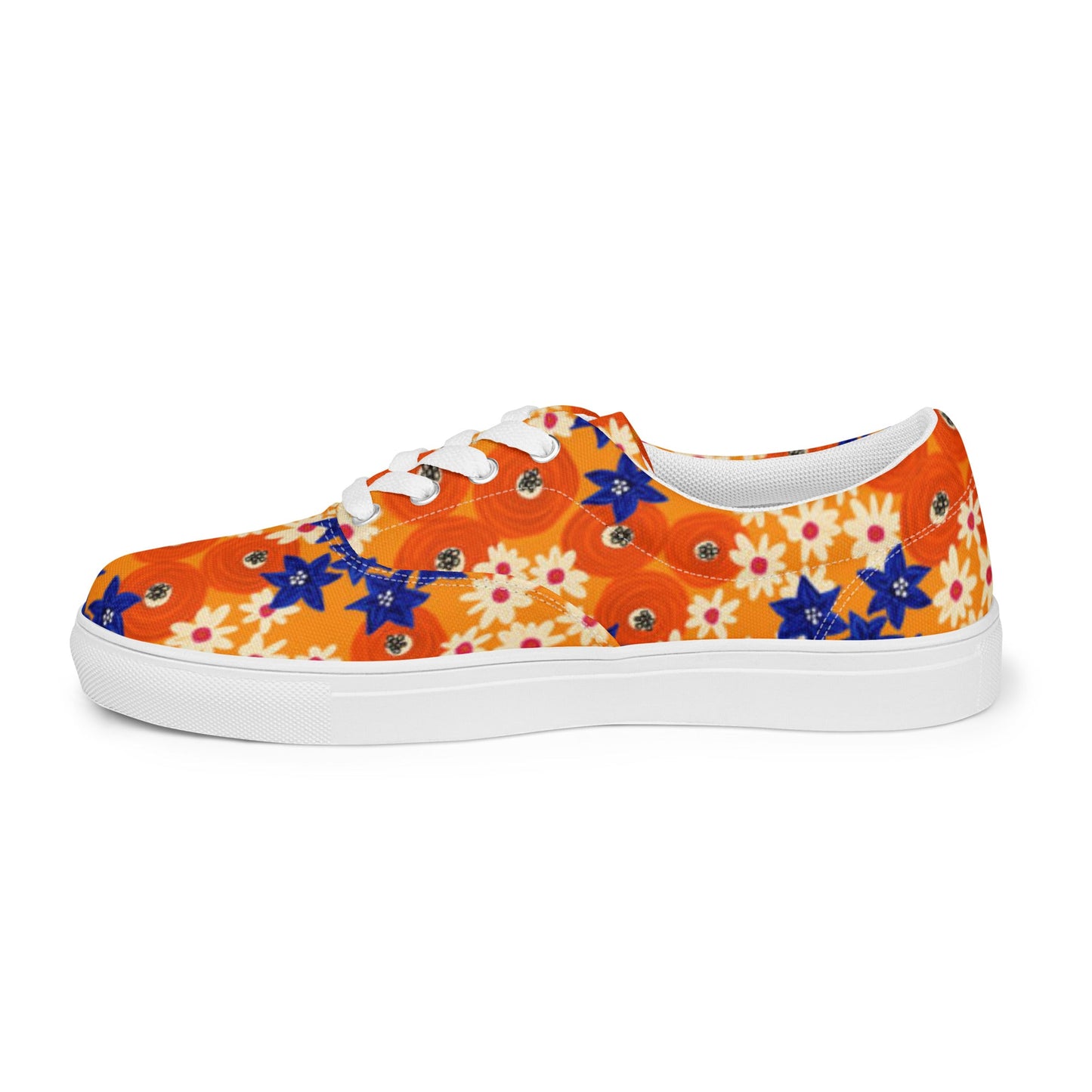 Women’s lace - up canvas shoes, Blue and Orange Floral Shoes, Floral Pattern Shoes, Cute Summer and Springtime Shoes - PratSN