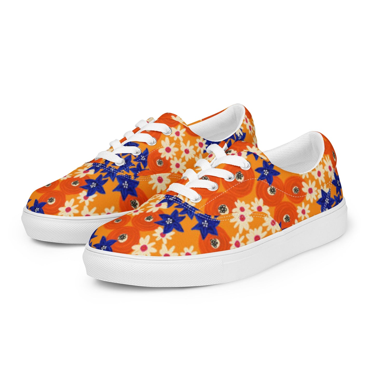 Women’s lace - up canvas shoes, Blue and Orange Floral Shoes, Floral Pattern Shoes, Cute Summer and Springtime Shoes - PratSN