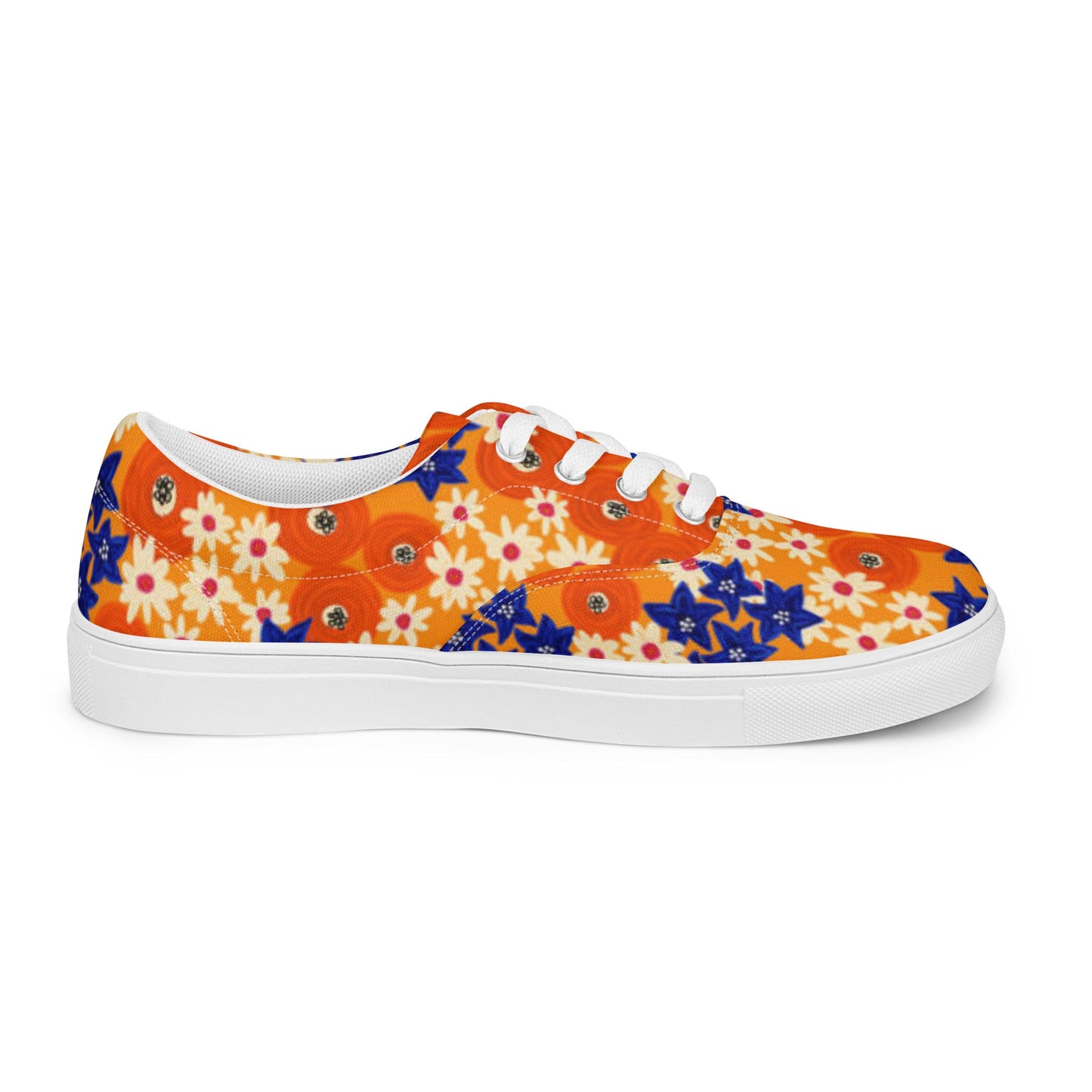 Women’s lace - up canvas shoes, Blue and Orange Floral Shoes, Floral Pattern Shoes, Cute Summer and Springtime Shoes - PratSN