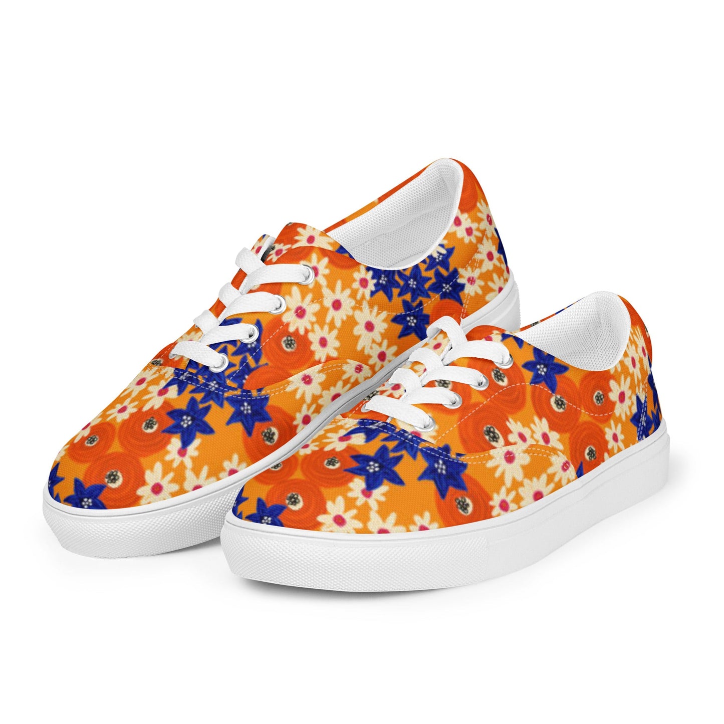 Women’s lace - up canvas shoes, Blue and Orange Floral Shoes, Floral Pattern Shoes, Cute Summer and Springtime Shoes - PratSN