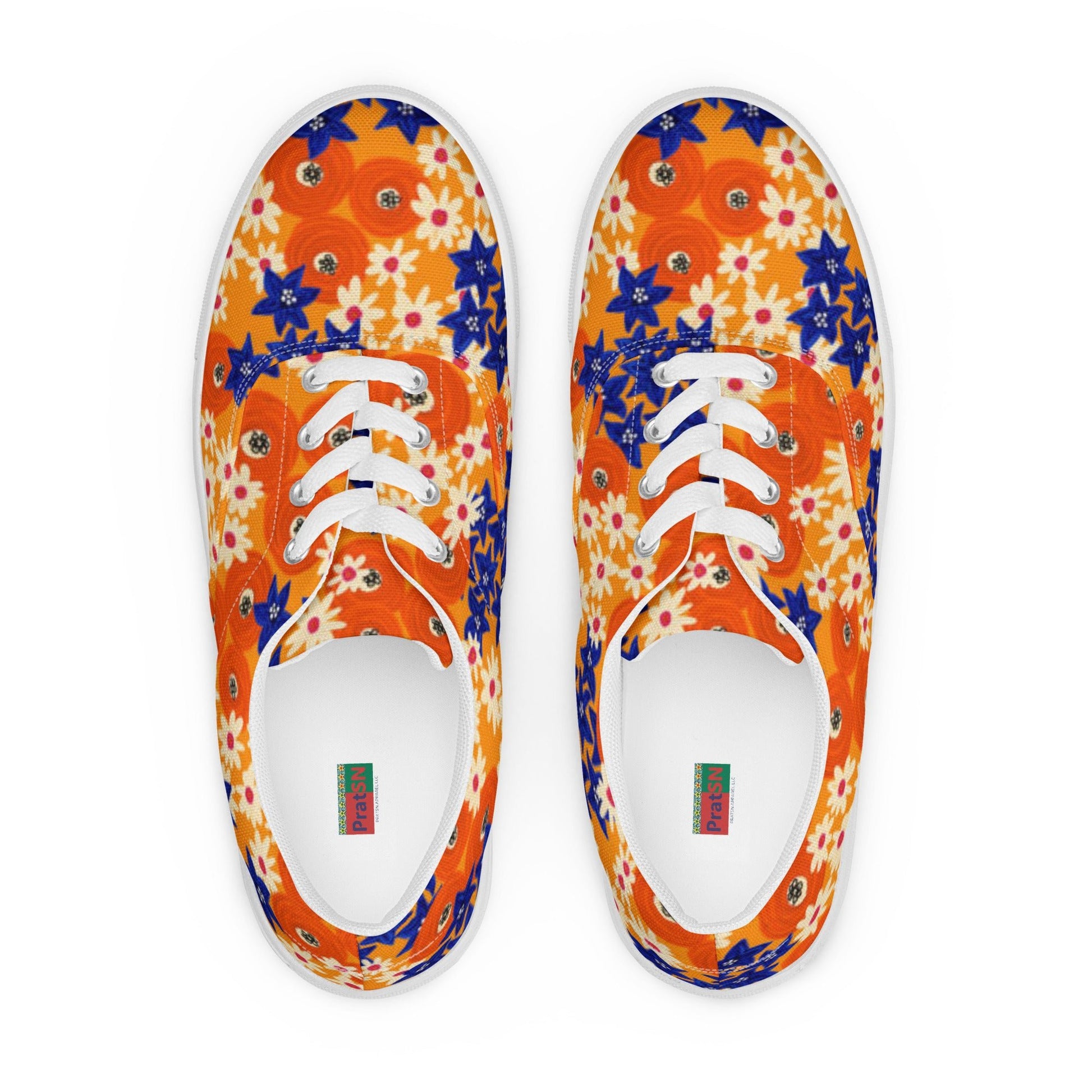 Women’s lace - up canvas shoes, Blue and Orange Floral Shoes, Floral Pattern Shoes, Cute Summer and Springtime Shoes - PratSN