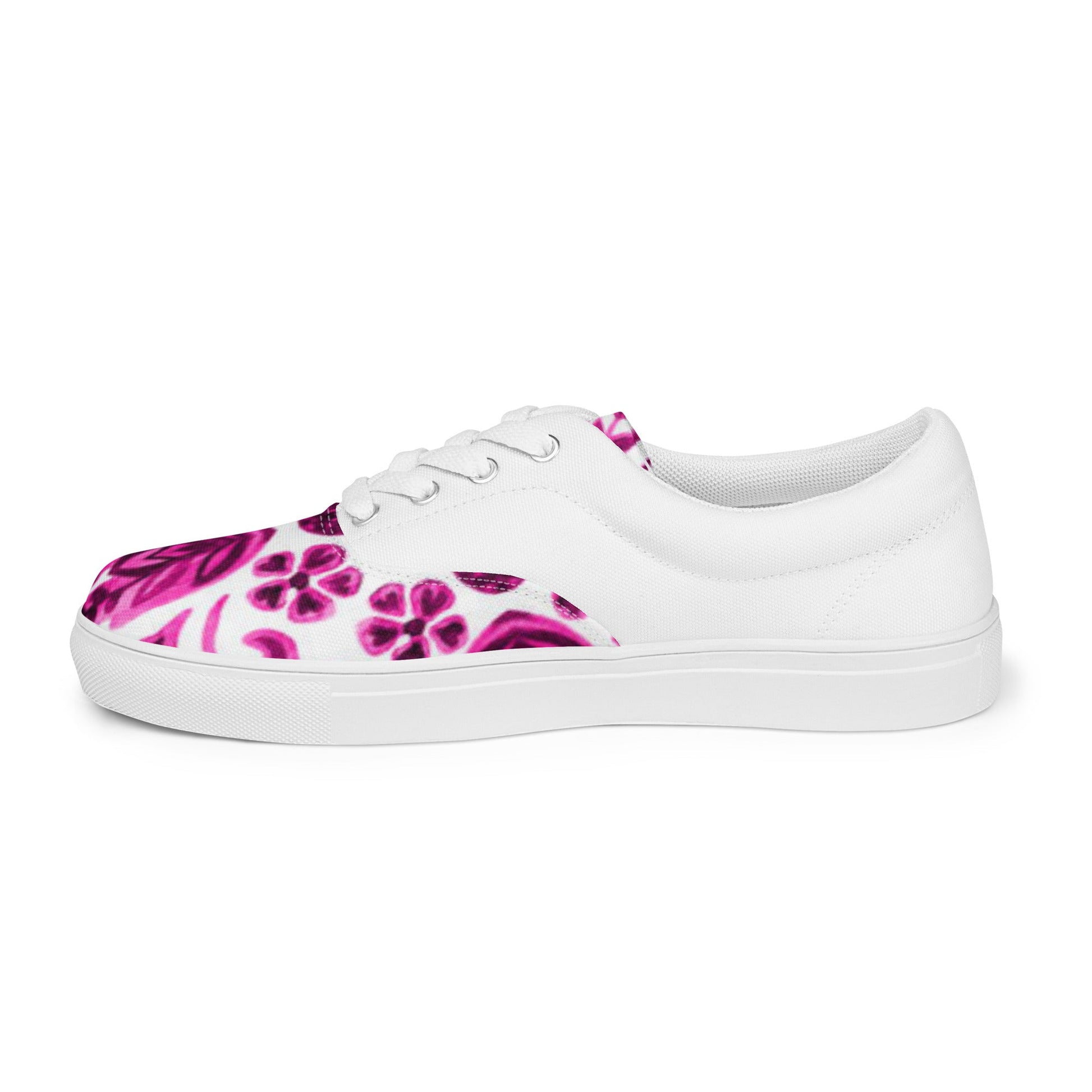 Women’s lace - up canvas shoes, Pink White Floral Shoes Casual Shoes, 60's 70's Retro Flowers Shoes Cute Summer and Spring Shoes - PratSN