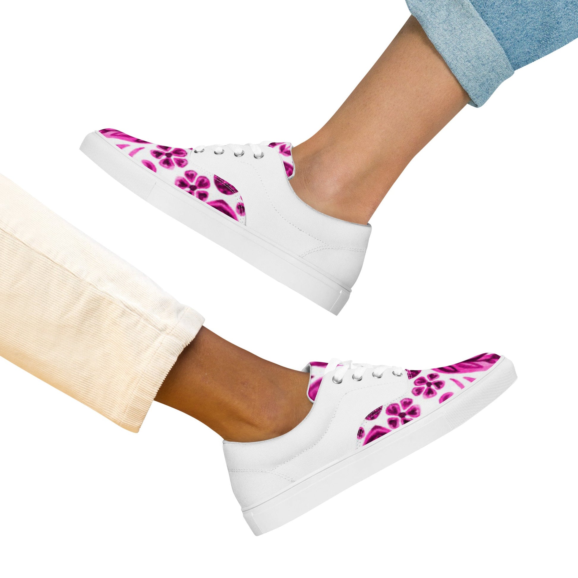 Women’s lace - up canvas shoes, Pink White Floral Shoes Casual Shoes, 60's 70's Retro Flowers Shoes Cute Summer and Spring Shoes - PratSN