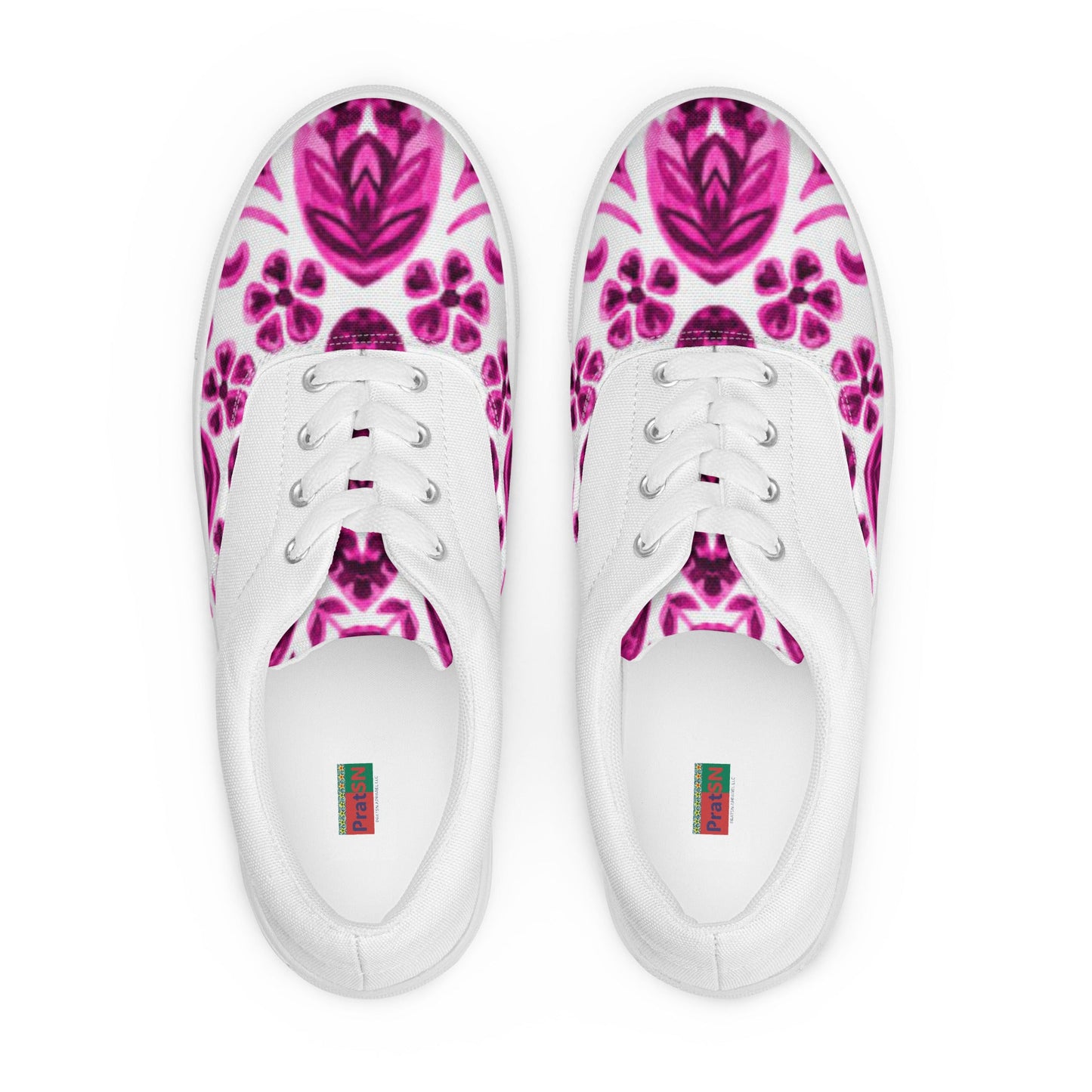 Women’s lace - up canvas shoes, Pink White Floral Shoes Casual Shoes, 60's 70's Retro Flowers Shoes Cute Summer and Spring Shoes - PratSN
