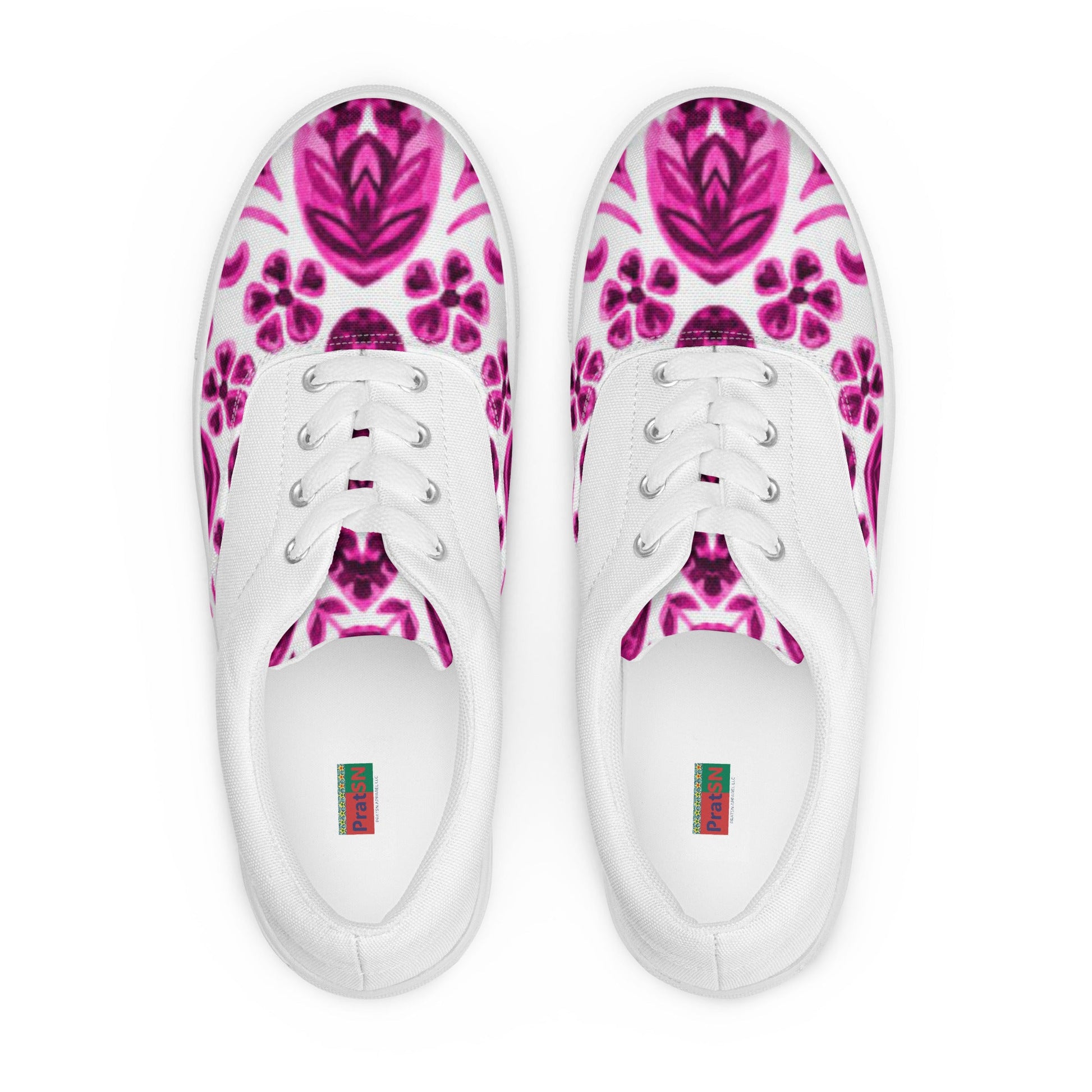 Women’s lace - up canvas shoes, Pink White Floral Shoes Casual Shoes, 60's 70's Retro Flowers Shoes Cute Summer and Spring Shoes - PratSN