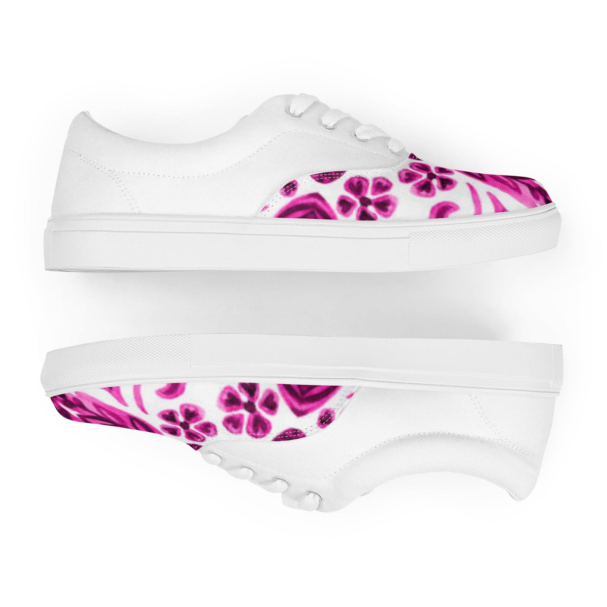 Women’s lace - up canvas shoes, Pink White Floral Shoes Casual Shoes, 60's 70's Retro Flowers Shoes Cute Summer and Spring Shoes - PratSN