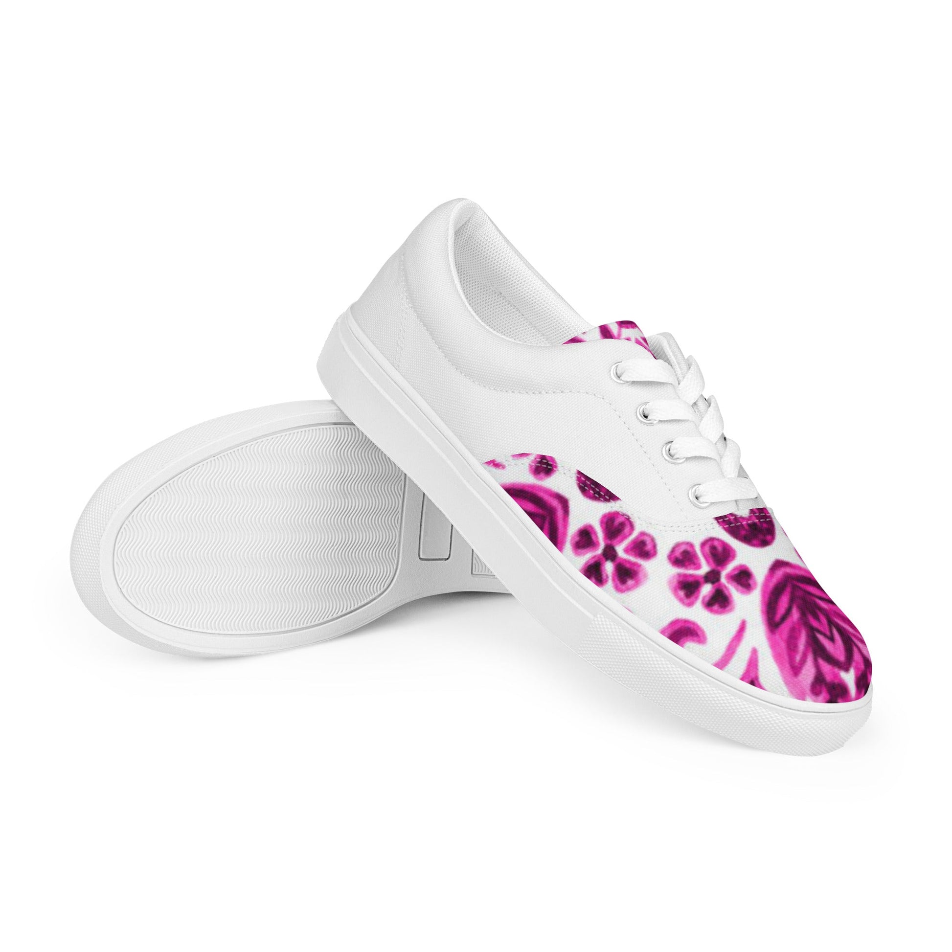 Women’s lace - up canvas shoes, Pink White Floral Shoes Casual Shoes, 60's 70's Retro Flowers Shoes Cute Summer and Spring Shoes - PratSN