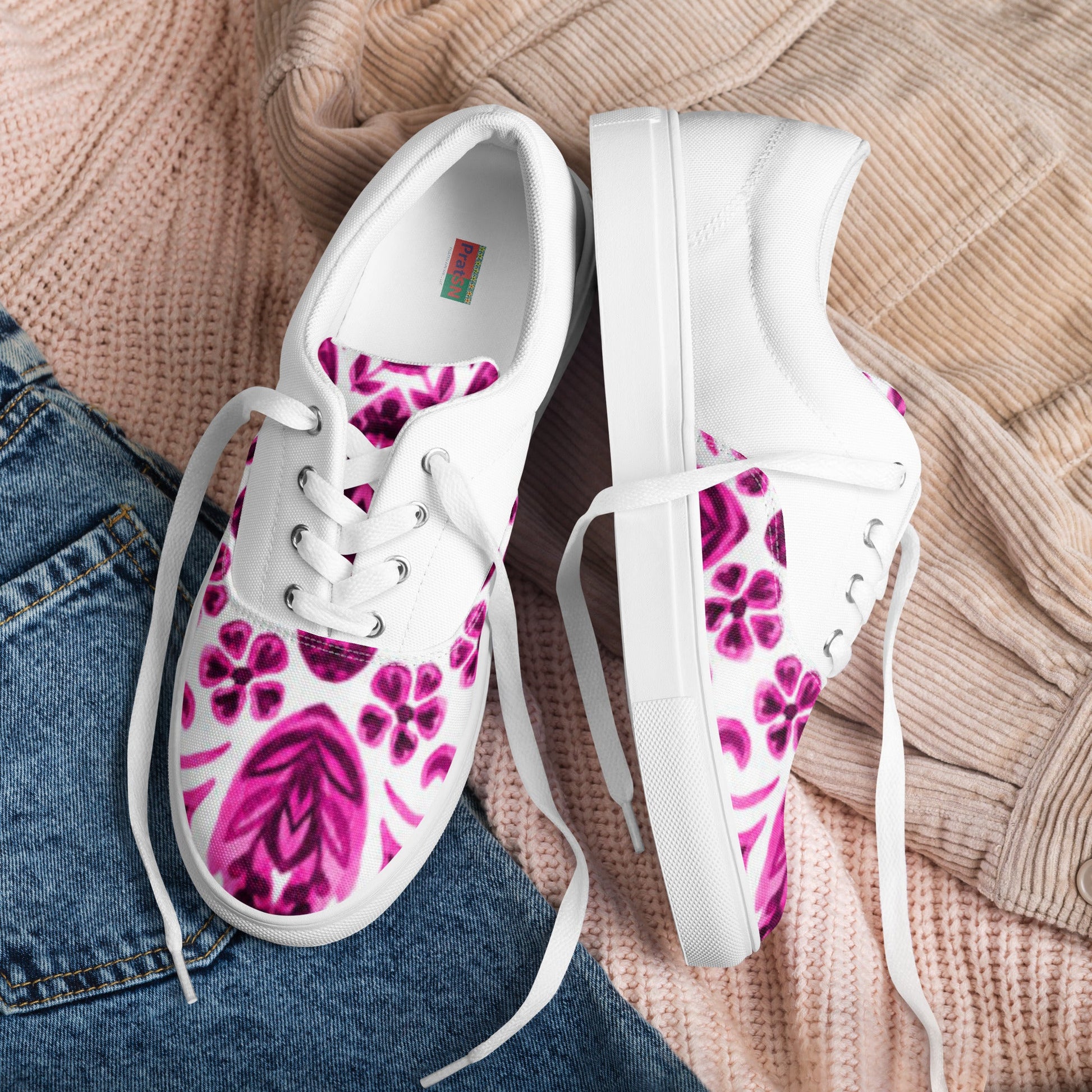 Women’s lace - up canvas shoes, Pink White Floral Shoes Casual Shoes, 60's 70's Retro Flowers Shoes Cute Summer and Spring Shoes - PratSN