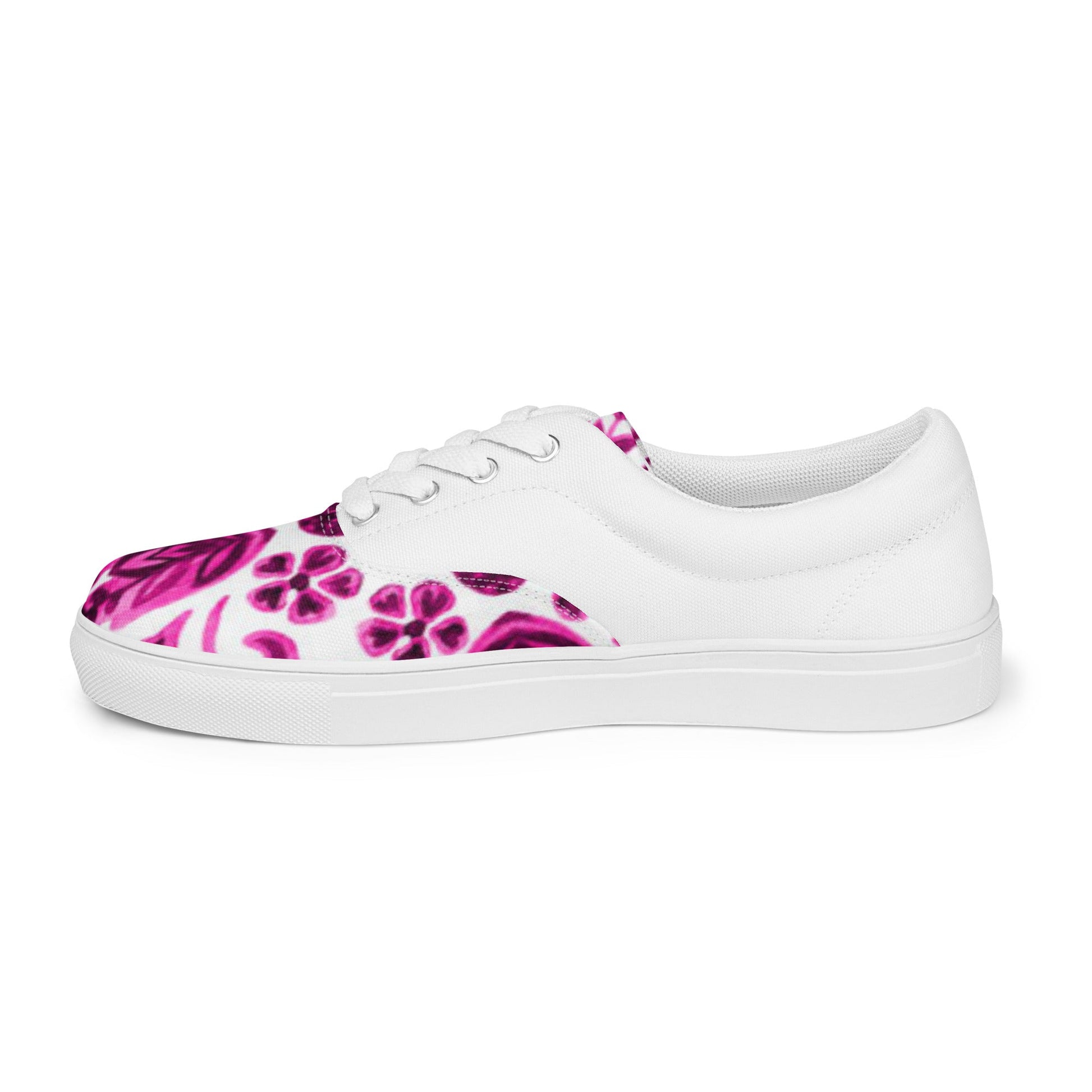 Women’s lace - up canvas shoes, Pink White Floral Shoes Casual Shoes, 60's 70's Retro Flowers Shoes Cute Summer and Spring Shoes - PratSN