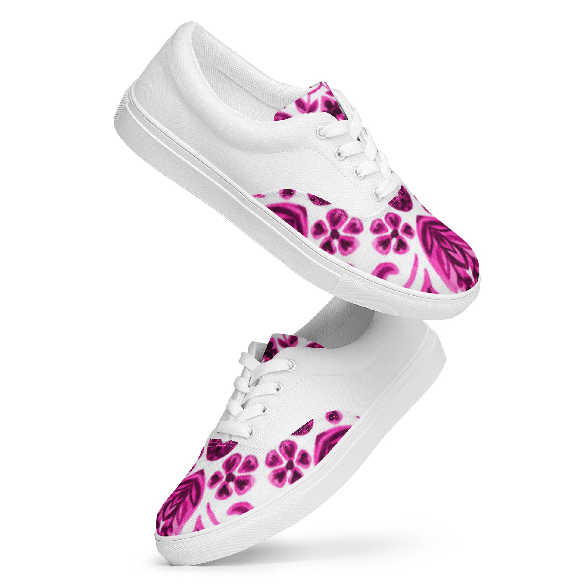 Women’s lace - up canvas shoes, Pink White Floral Shoes Casual Shoes, 60's 70's Retro Flowers Shoes Cute Summer and Spring Shoes - PratSN