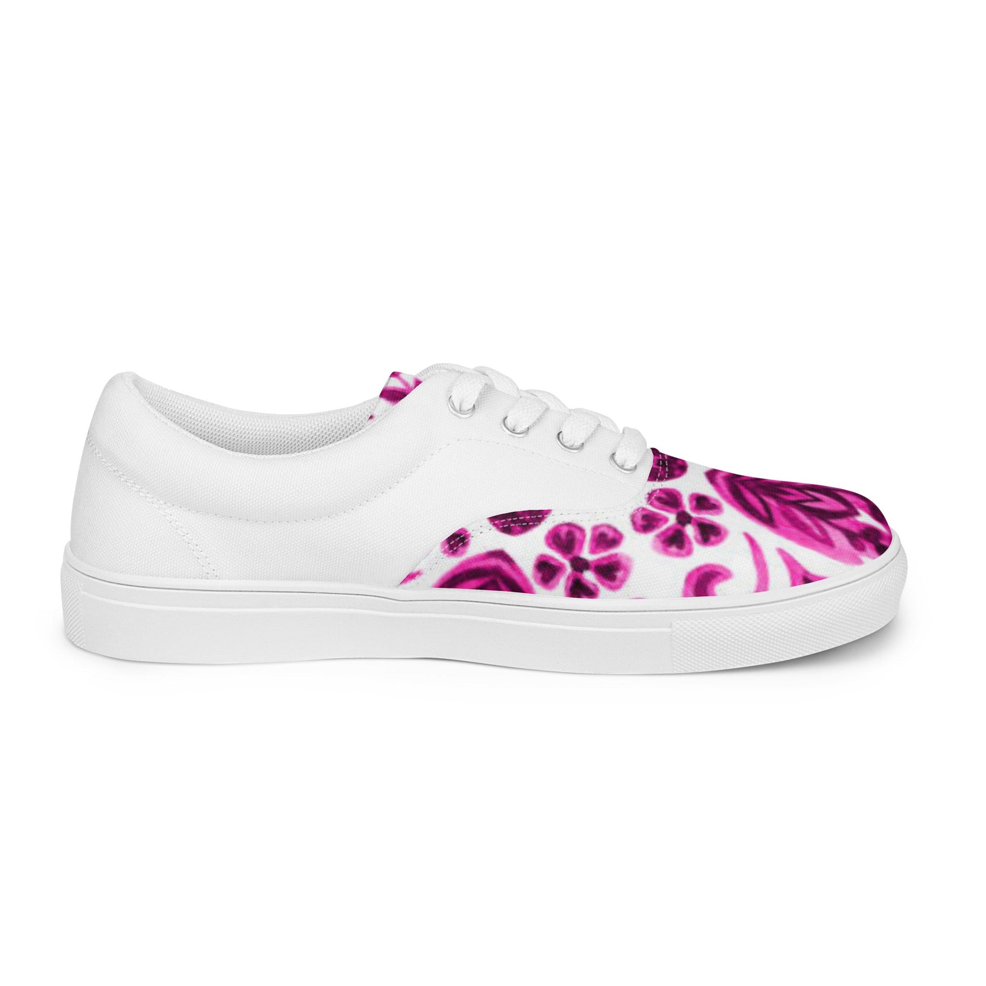 Women’s lace - up canvas shoes, Pink White Floral Shoes Casual Shoes, 60's 70's Retro Flowers Shoes Cute Summer and Spring Shoes - PratSN