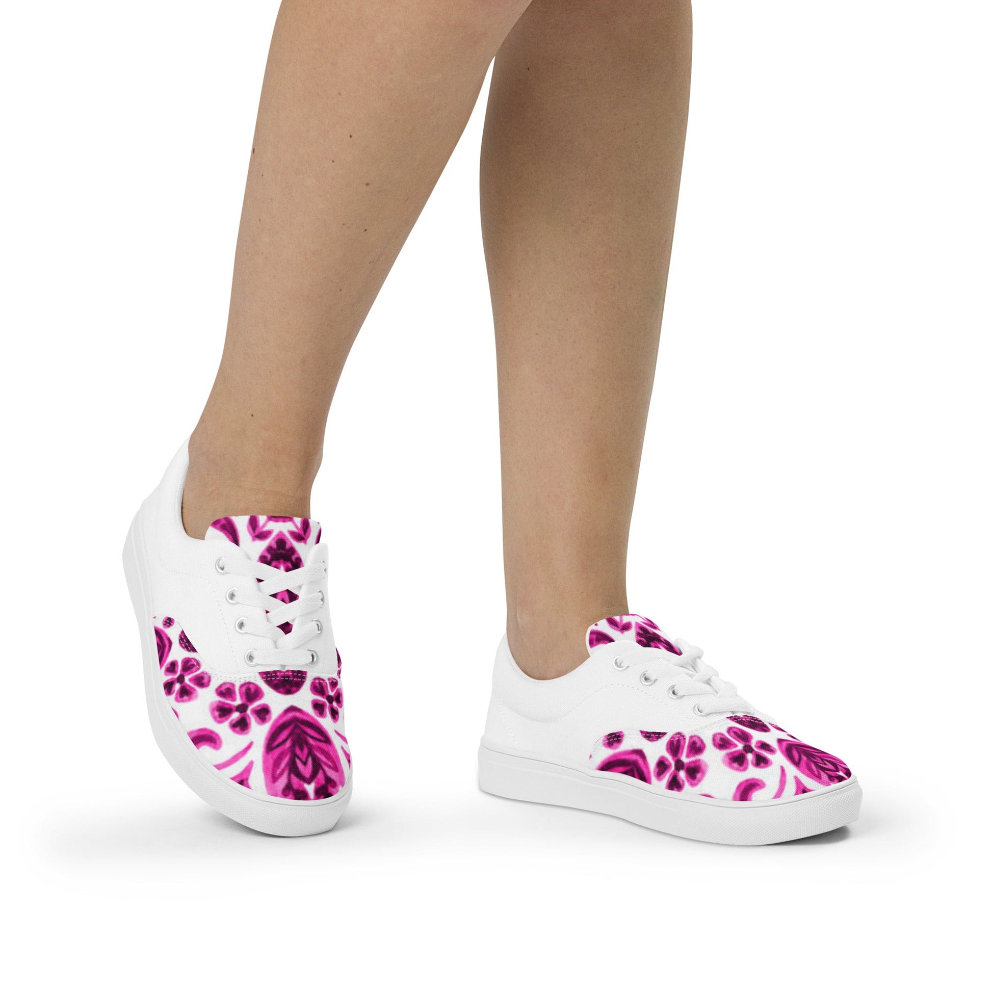 Women’s lace - up canvas shoes, Pink White Floral Shoes Casual Shoes, 60's 70's Retro Flowers Shoes Cute Summer and Spring Shoes - PratSN