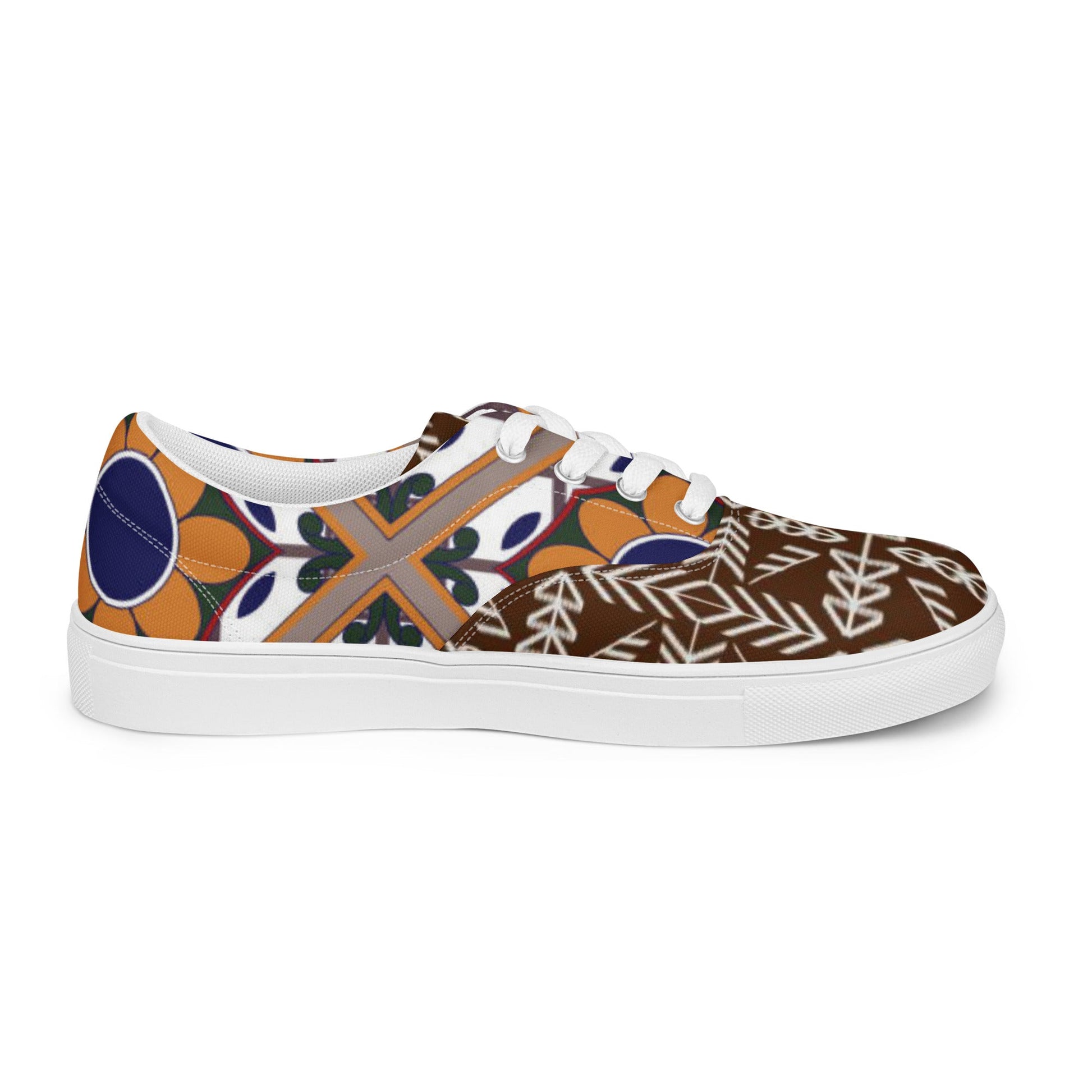Women’s lace - up canvas shoes, Retro 60,s 70,s Floral Brown Shoes, Casual Flowers Shoes, Cute Springtime - PratSN