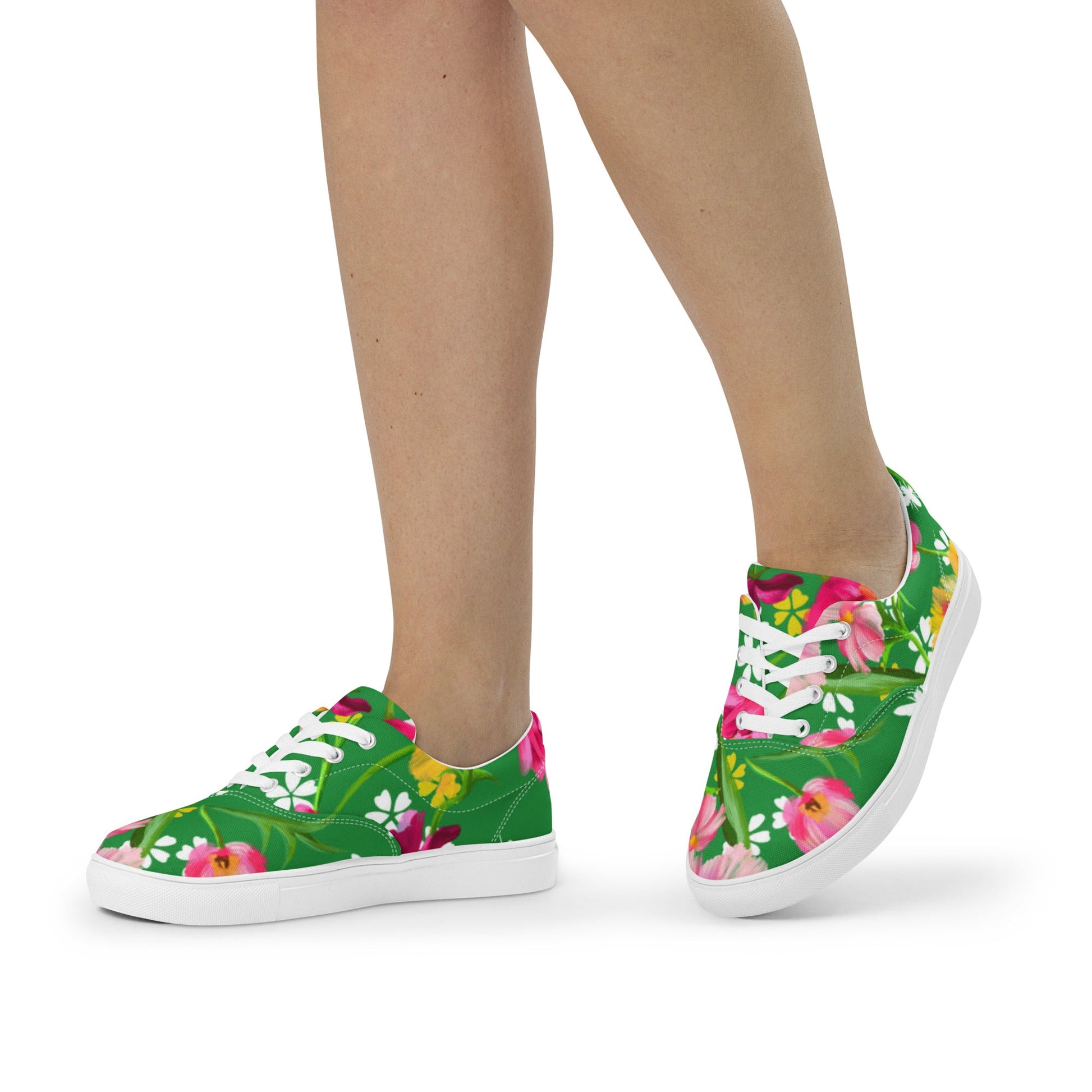 Women’s lace - up canvas shoes, Retro 60's 70's Floral Green and Pink Shoes Casual Shoes Green Flowers Shoes Cute Summer Springtime - PratSN