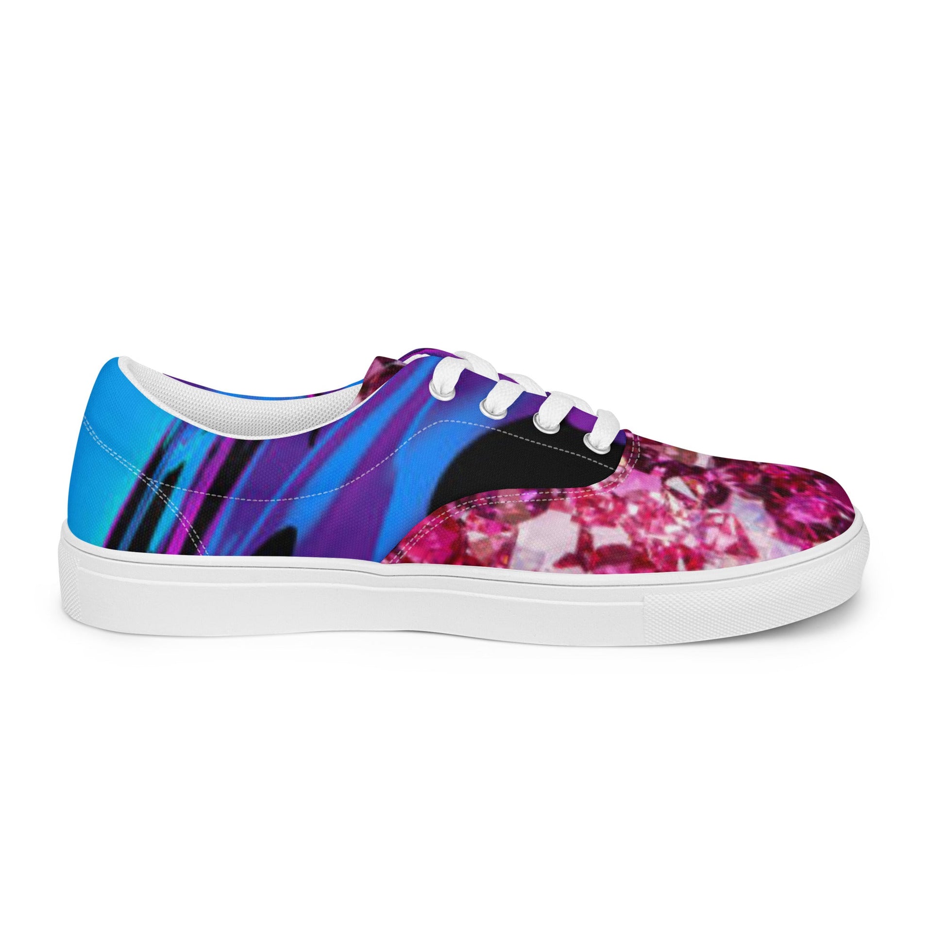 Women’s lace - up canvas shoes, Retro 60,s 70,s Floral Pink Blue Women's Shoes, Casual Flowers Shoes, Cute Springtime Rhinestone Print Shoes - PratSN