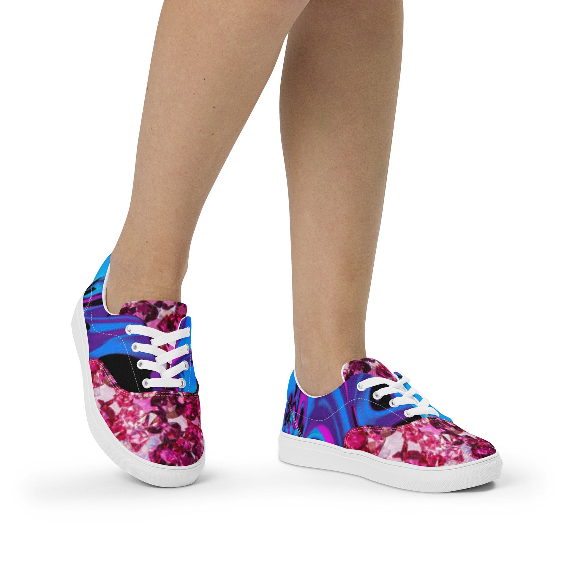 Women’s lace - up canvas shoes, Retro 60,s 70,s Floral Pink Blue Women's Shoes, Casual Flowers Shoes, Cute Springtime Rhinestone Print Shoes - PratSN