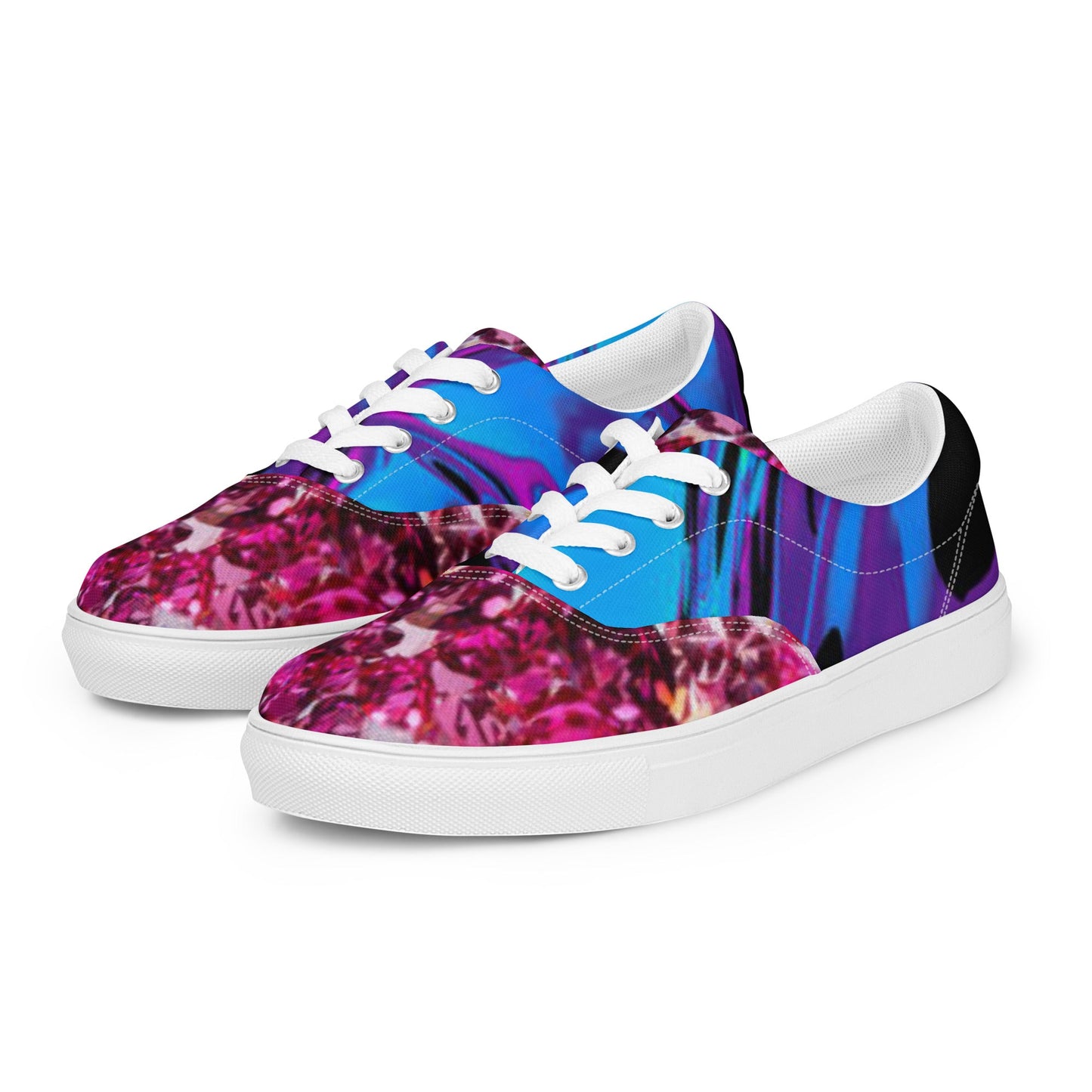 Women’s lace - up canvas shoes, Retro 60,s 70,s Floral Pink Blue Women's Shoes, Casual Flowers Shoes, Cute Springtime Rhinestone Print Shoes - PratSN
