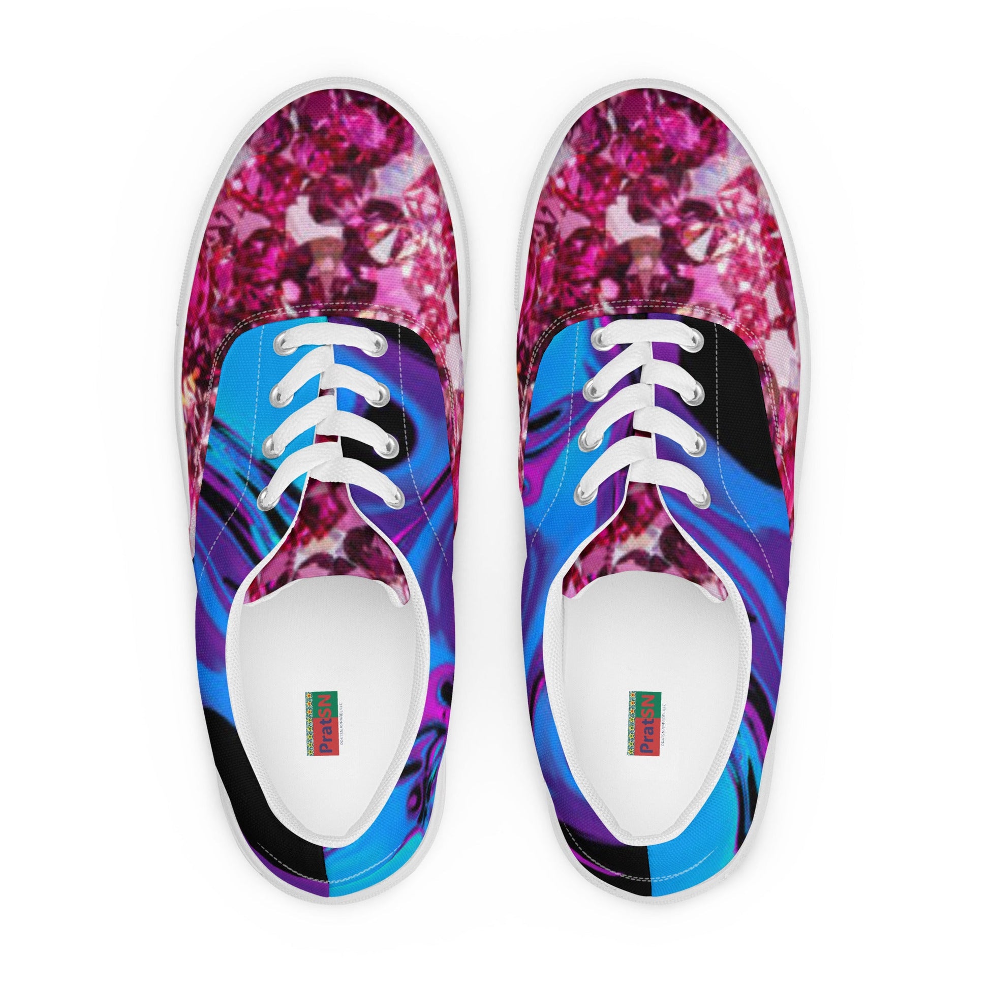 Women’s lace - up canvas shoes, Retro 60,s 70,s Floral Pink Blue Women's Shoes, Casual Flowers Shoes, Cute Springtime Rhinestone Print Shoes - PratSN