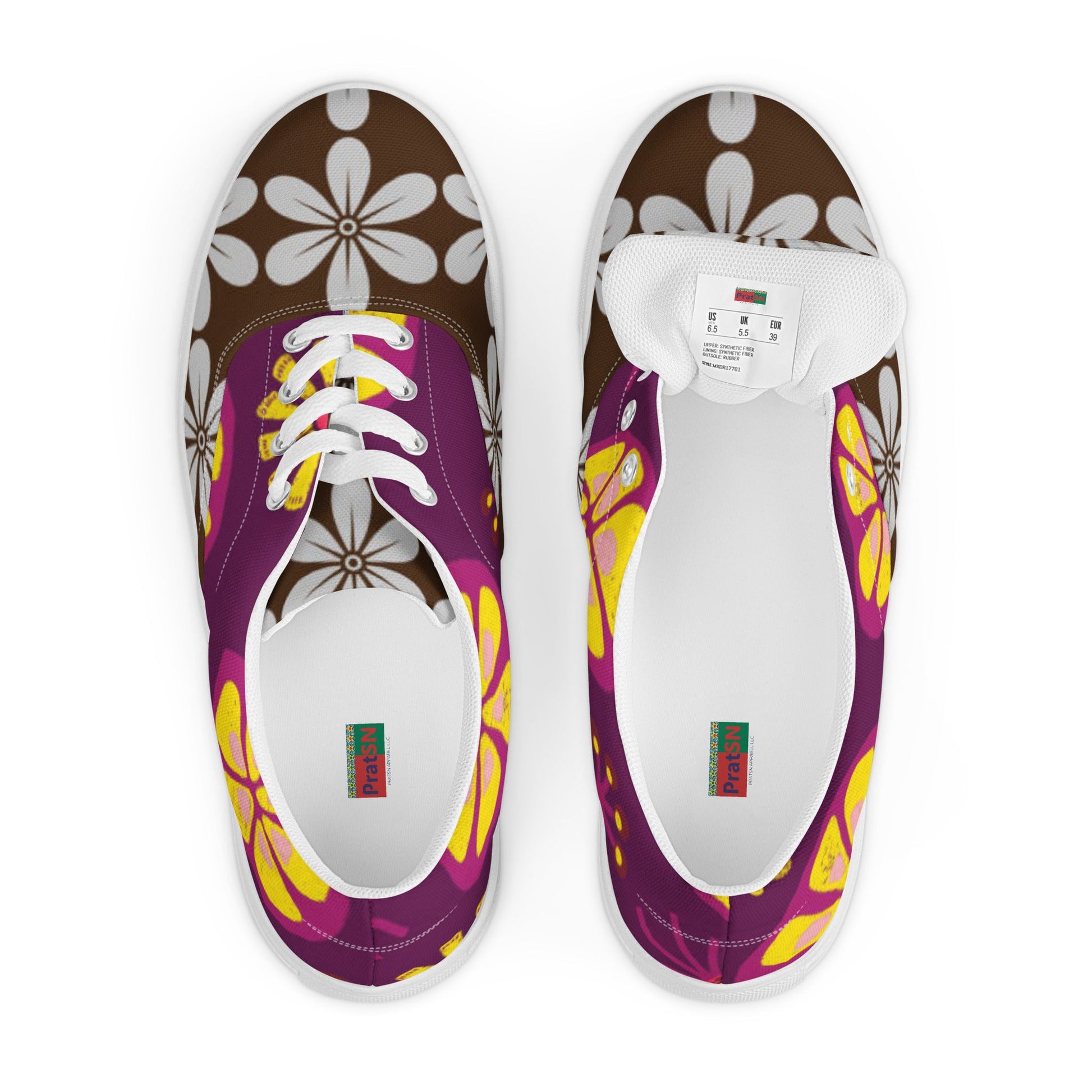 Women's lace-up canvas shoes White Pink Brown Shoes, Floral Shoes