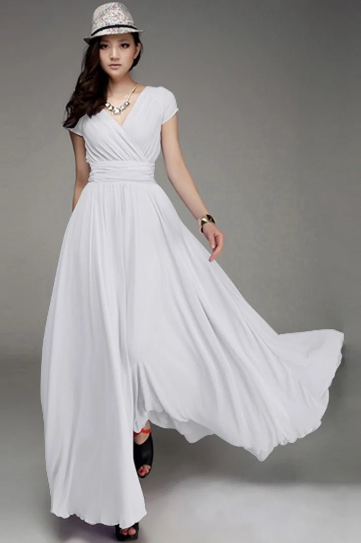 Women's Ladies Clothing Short - Sleeve Sexy Club Beach Dress Lady Summer Deep V Neck Party Long Maxi Dress - PratSN