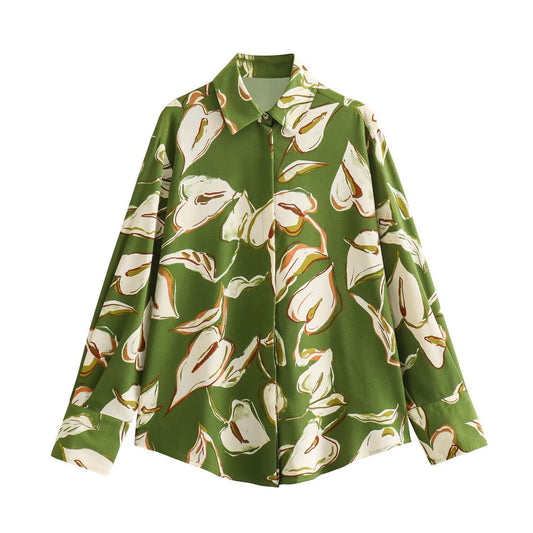 Women's Lapel Long Sleeve Flower Print Loose Shirt - PratSN